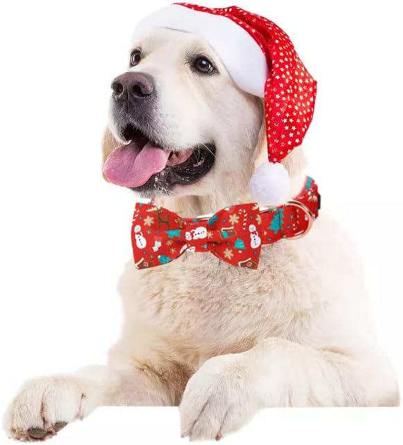 Lionet Paws Christmas Dog Collar with Bowtie, Dog Bowtie Collar with Metal Buckle for Dogs, Adjustable Comfortable Dog Collar Girl Boy Gift, L, Neck 16-24 in