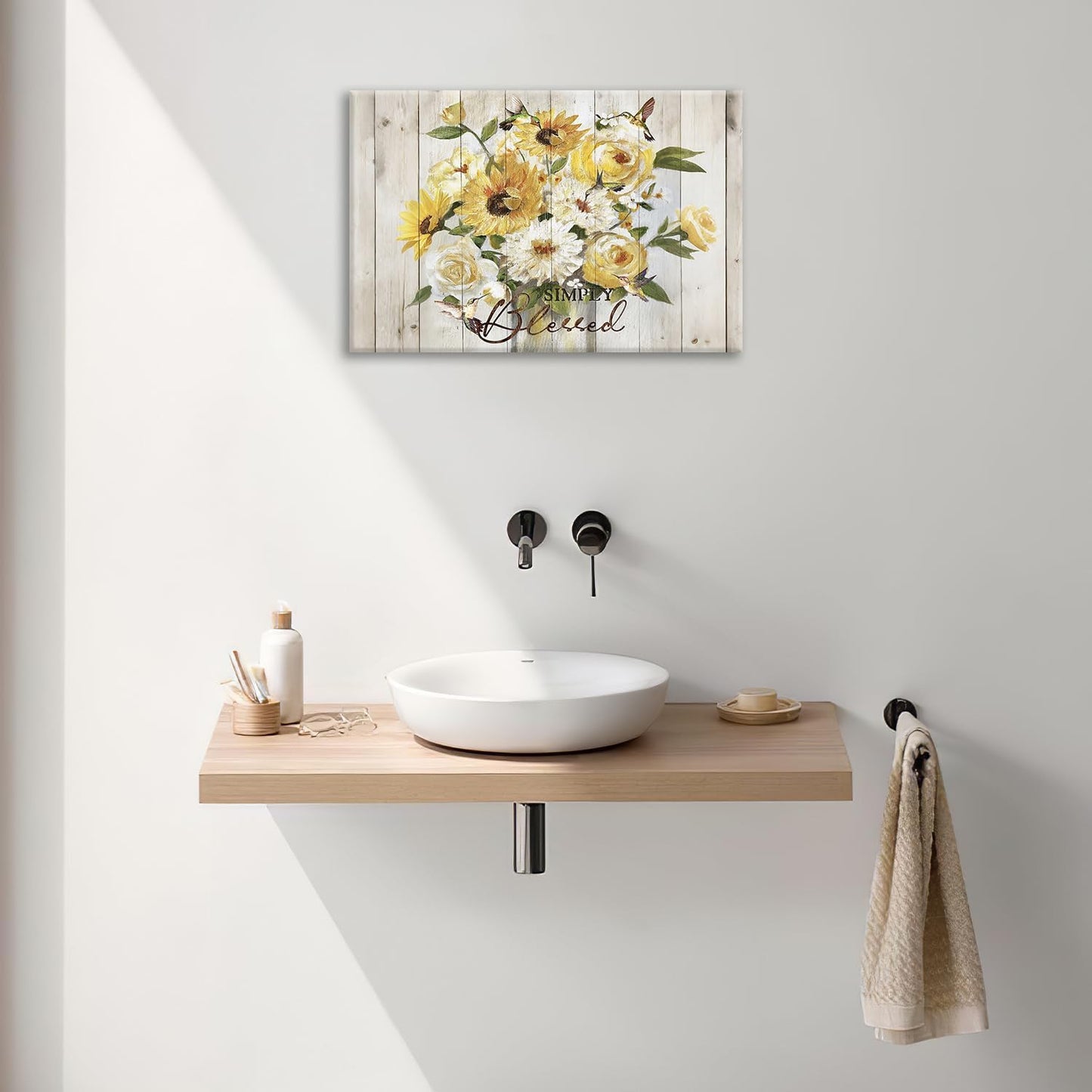 Sunflower Bathroom Pictures Wall Art, Simple Blessed Floral Bathroom Wall Decor, Flower Framed Painting Canvas Artwork for Bedroom Living Room Decorations 24"L x 16"W