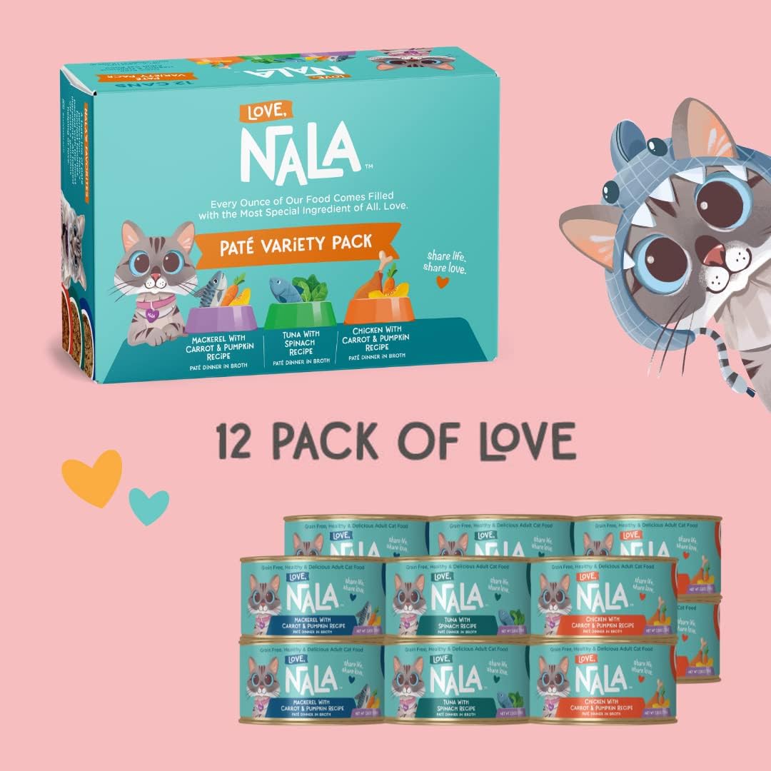LOVE, NALA - Natural Adult Cat Wet Food - Pate Variety Pack - Tuna, Chicken, Mackerel - Grain Free, Non-GMO, Fiber Blend, Minerals, Vitamins - 12 Pack 2.1 lbs.