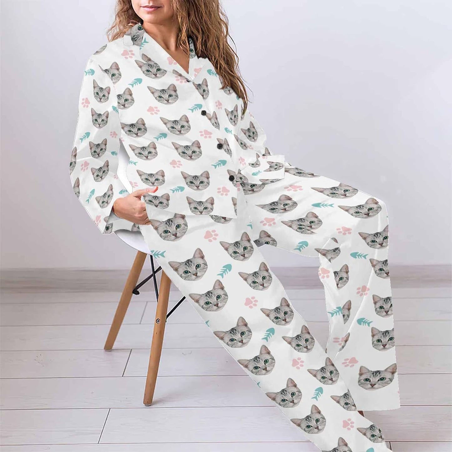 MyPupSocks Custom Face Pajamas for Women Set, Personalized Photo Long Sleepwear XS-XXL