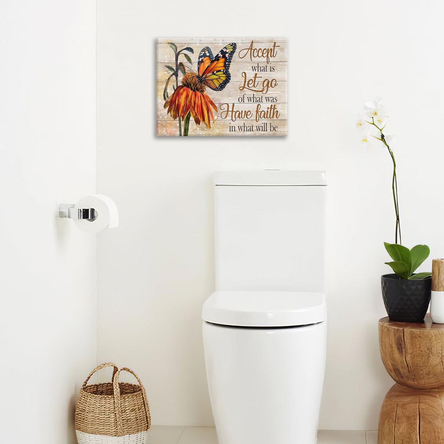 Farmhouse Butterfly Bathroom Pictures Wall Art, Rustic Floral Country Bathroom Wall Decor, Daisy Inspirational Framed Painting Canvas Artwork for Bedroom Living Room Decorations 20"L x 16"W