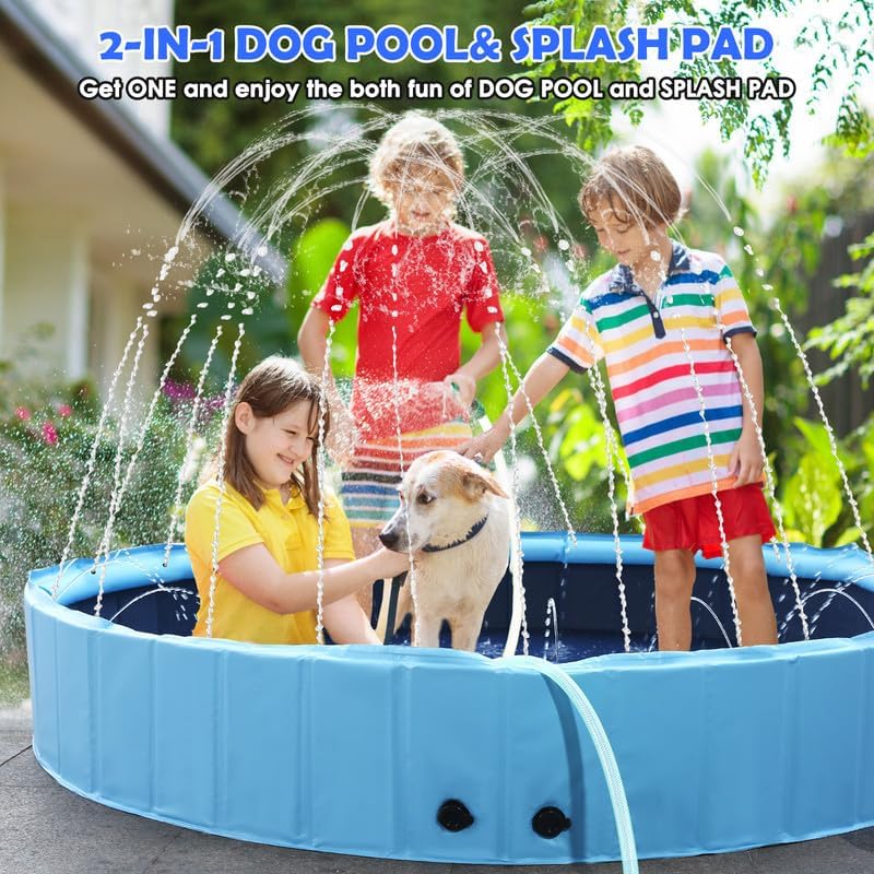 63" Large Dog Pool with Sprinkler, 2-in-1 Foldable Swimming Pool Non-Slip Hard Plastic Splash Sprinkler Kiddie Pool for Outdoor Backyard Kids Dogs Ducks and Pet Baths
