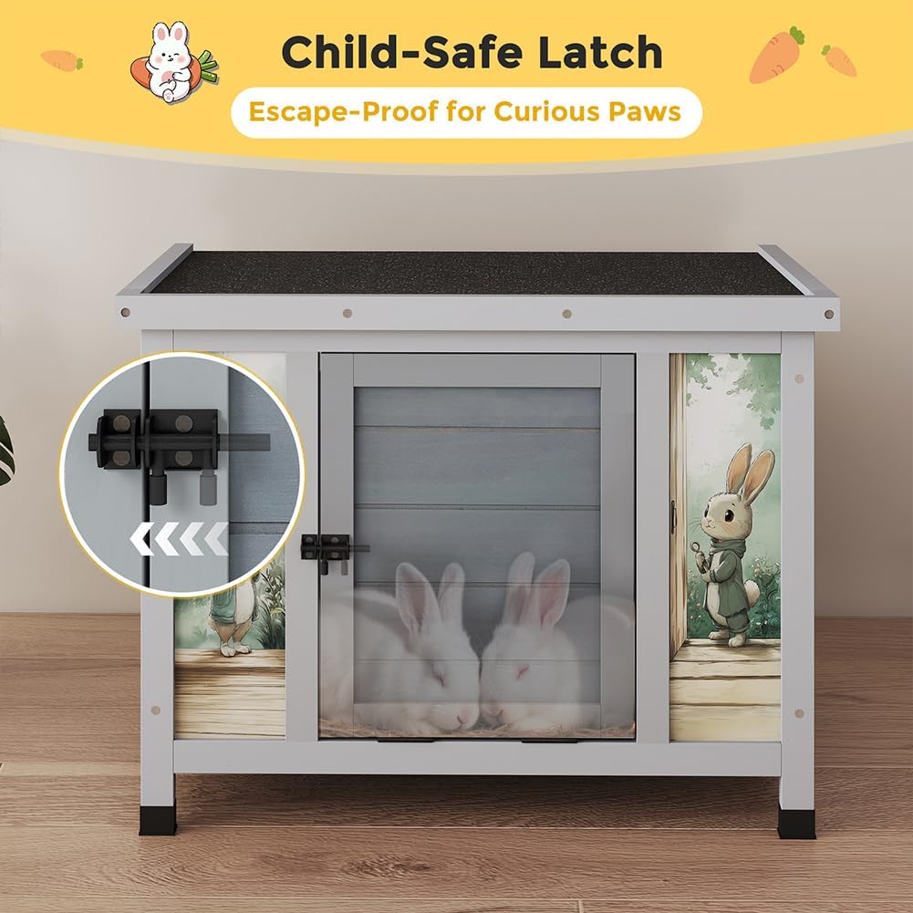 COZIWOW 24in Wooden Cat House Outdoor & Indoor Pet Shelter with Foldable Ramp - Weatherproof Rabbit Hutch with Unique Machine-Printed Art Designs for Cat, Rabbit, Guinea Pig (Grey)