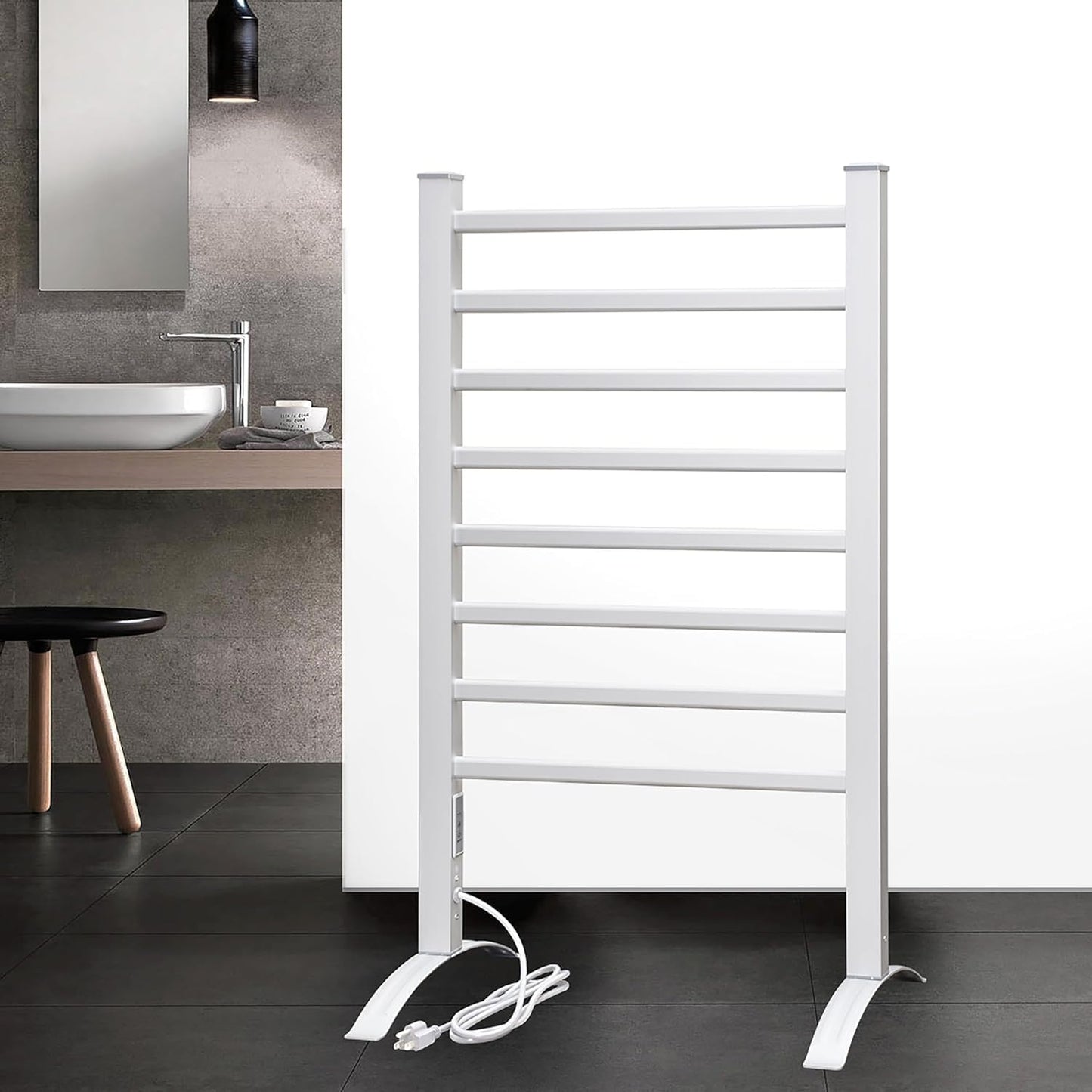 KEG Towel Warmer 8 Bars for Bathroom Freestanding or Wall Mounted Bath Towel Heater Plug-in with Built-in Timer Silver