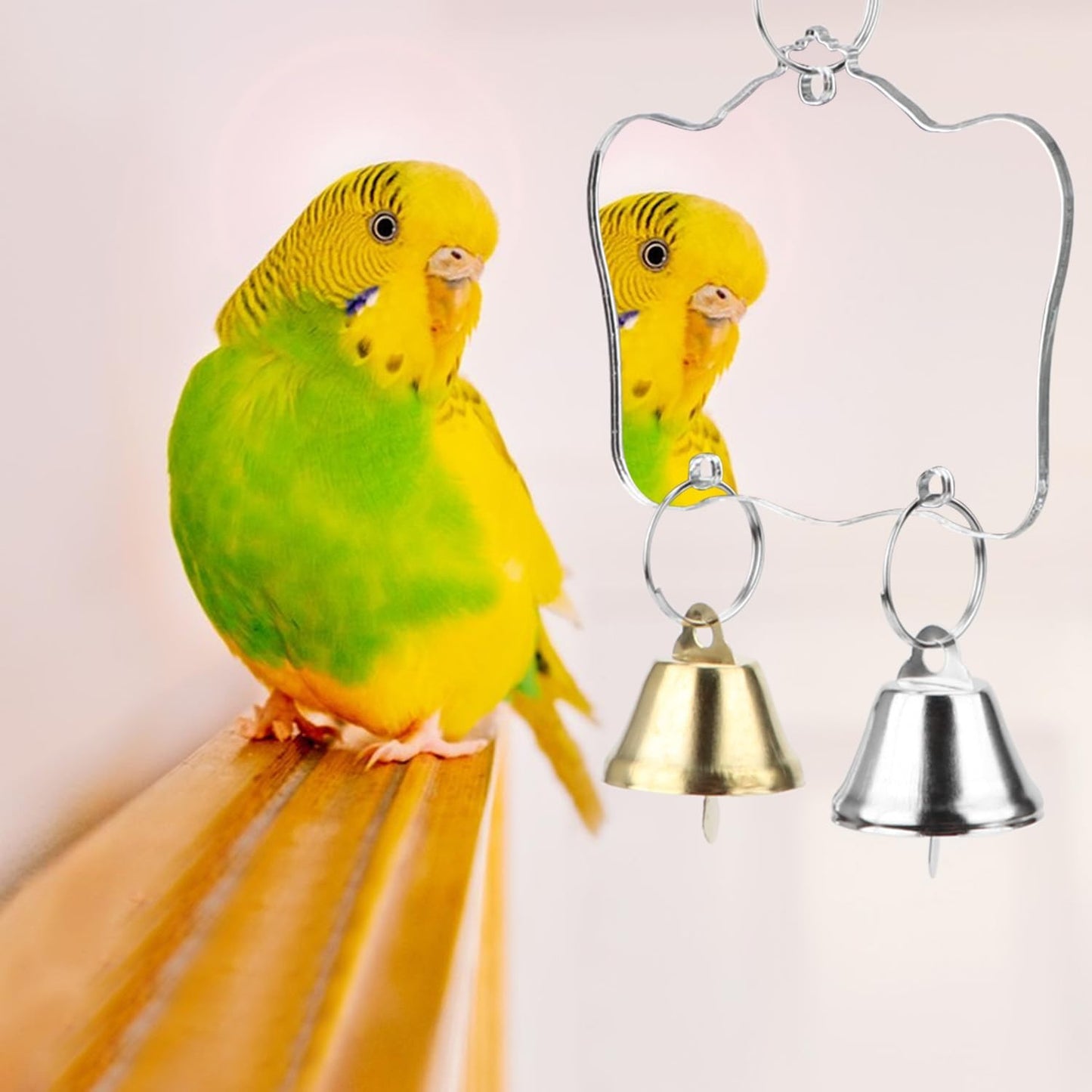 Hypeety Pet Bird Mirror Toy with Bells Hanging Toy for Parakeet Cockatiel Conure Lovebirds Finch Canary Cage Swing Fun Play Toy (Bird Mirror-2 Bells)
