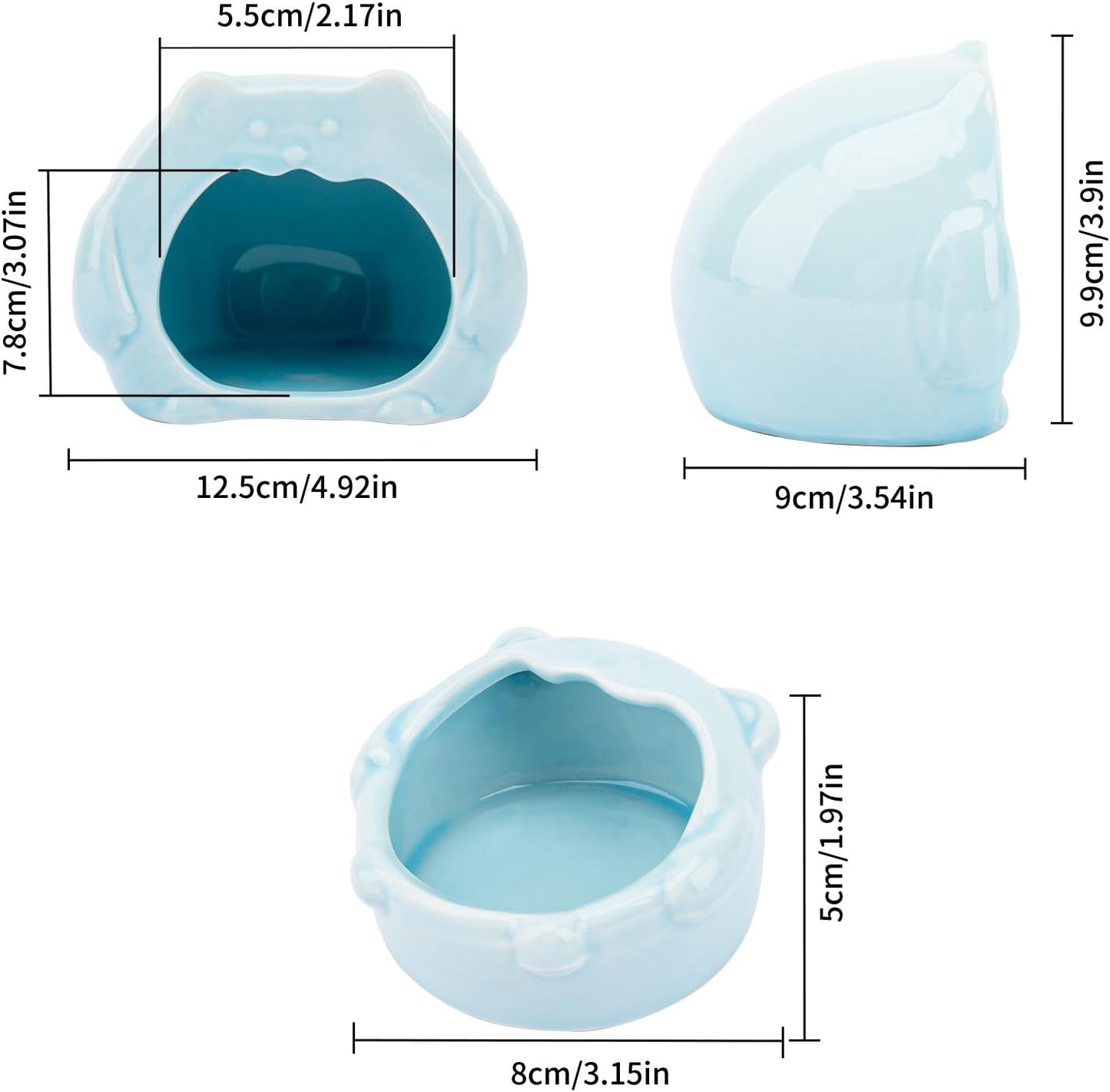 Bear-Shaped Hamster Hideout & Food Bowl Set - Ceramic Habitat for Syrian Dwarf Hamsters, Mice, Gerbils - All-Season Use, Chew-Proof Ceramic House and Feeding Dish for Small Pets(Blue)