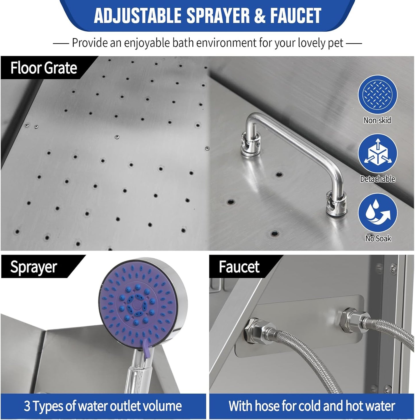 Professional Stainless Steel Dog Grooming Bathtub Station Wash Shower Sink with Faucet Walk-in Ramp and Accessories Pet Grooming Bathtub Station,34" R-RAMP