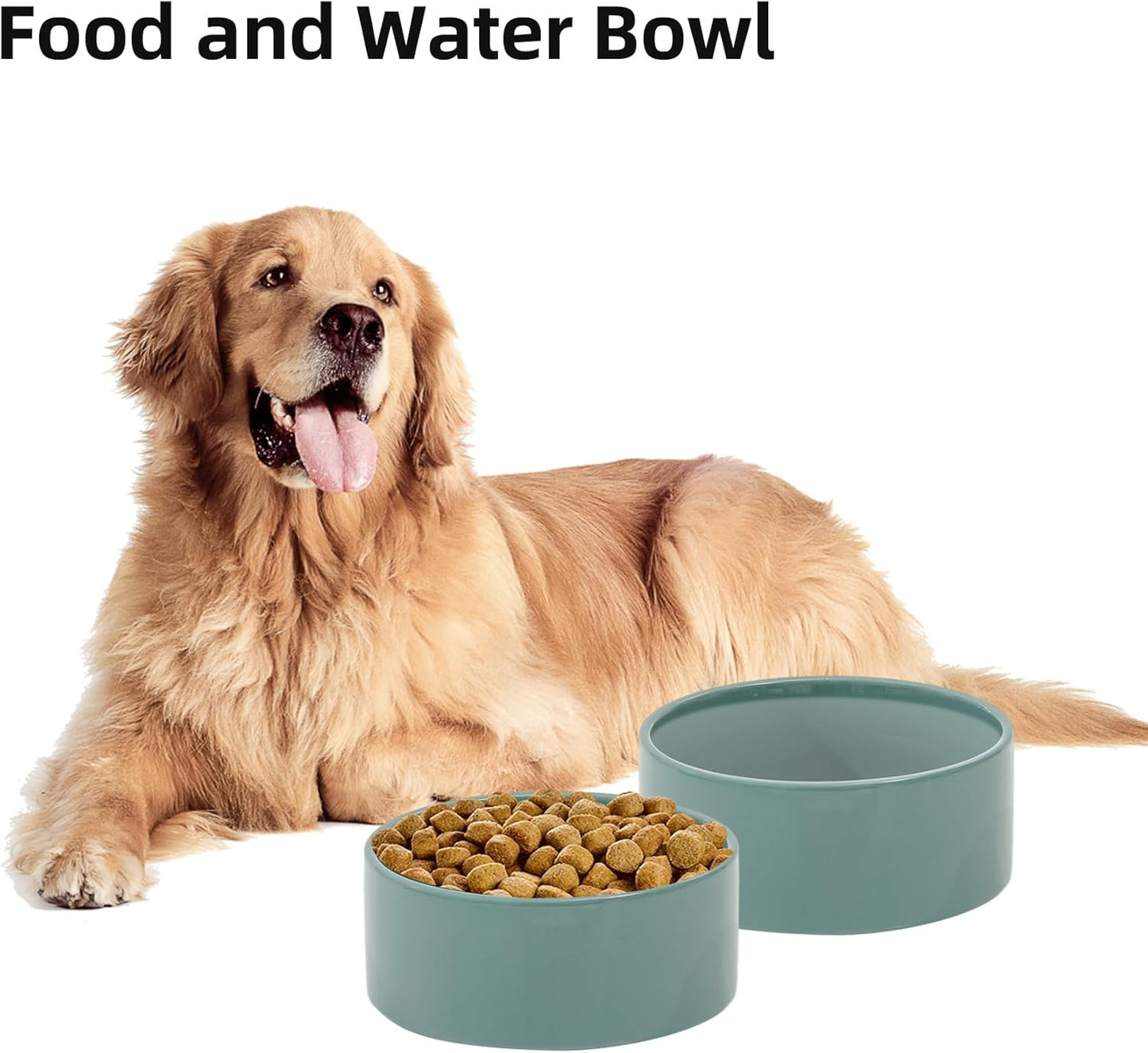 Ceramic 7.3inch Dog Bowl, Food and Water Bowl for Medium Breed Dog, Pet Feeder for Replacement (Single Bowl, Dark Green)