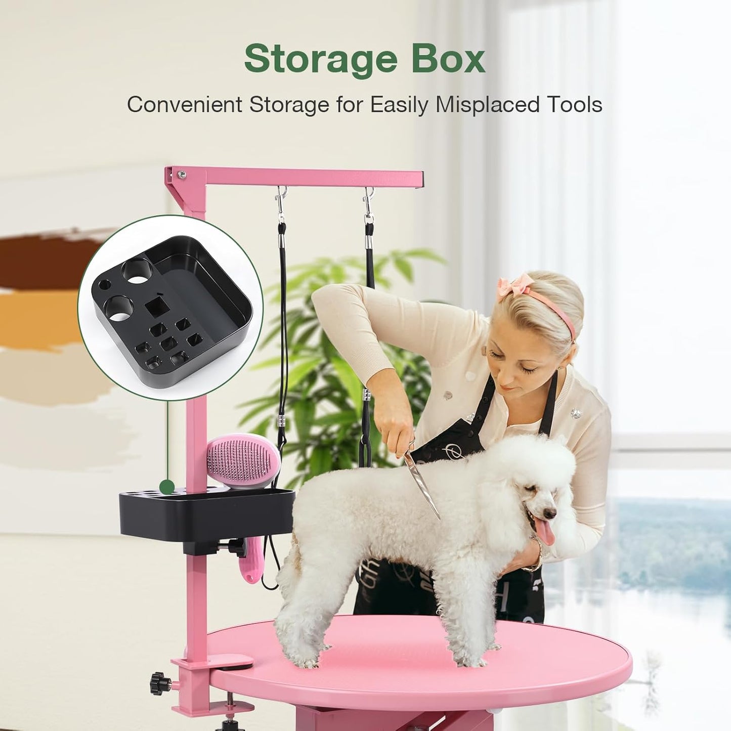 Electric Hydraulic Lift Pet Dog Grooming Table, 24Inch Grooming Desktop for Small Dogs, with Overhead Arm, Wireless Remote, Tool Organizer, Pink