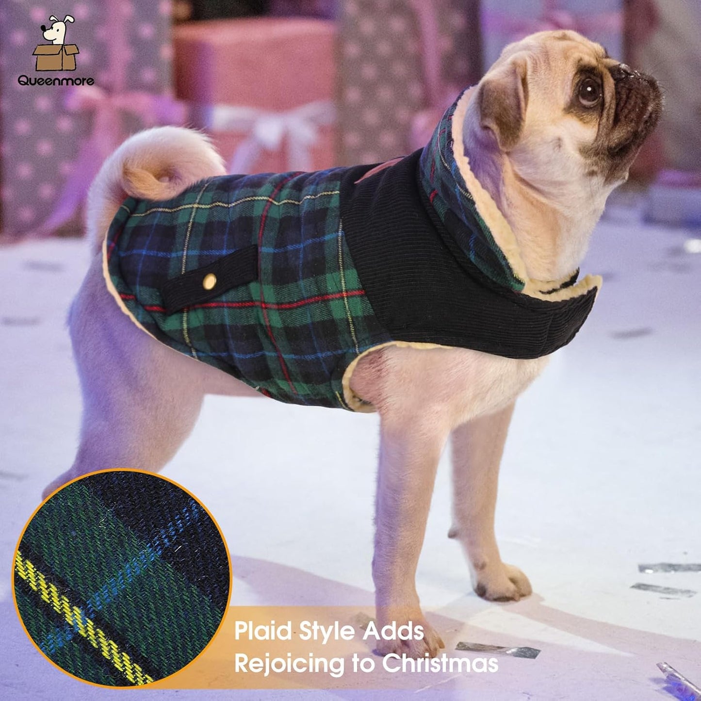 Queenmore Dog Winter Coat Warm Dog Jacket for Cold Weather, Quilting Puffer Plaid Coats for Small/Medium Dogs Waterproof,Girl/Boy Pet Christmas Coat,Pet Snowsuit with Leash Hole/Fleece Padding, S