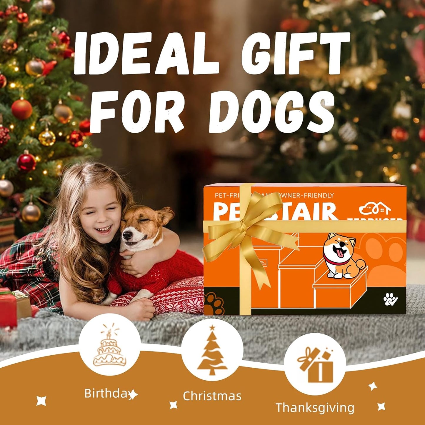 Dog Stairs with Furry Lids 18" H, 3-Step Wider Dog Steps with Storage for Small/Medium/Large Old Dogs Cats, Folding Sturdy Pet Stairs Climbing Bed Couch, Ramp for Car Up to 200 lbs, Baby Blue