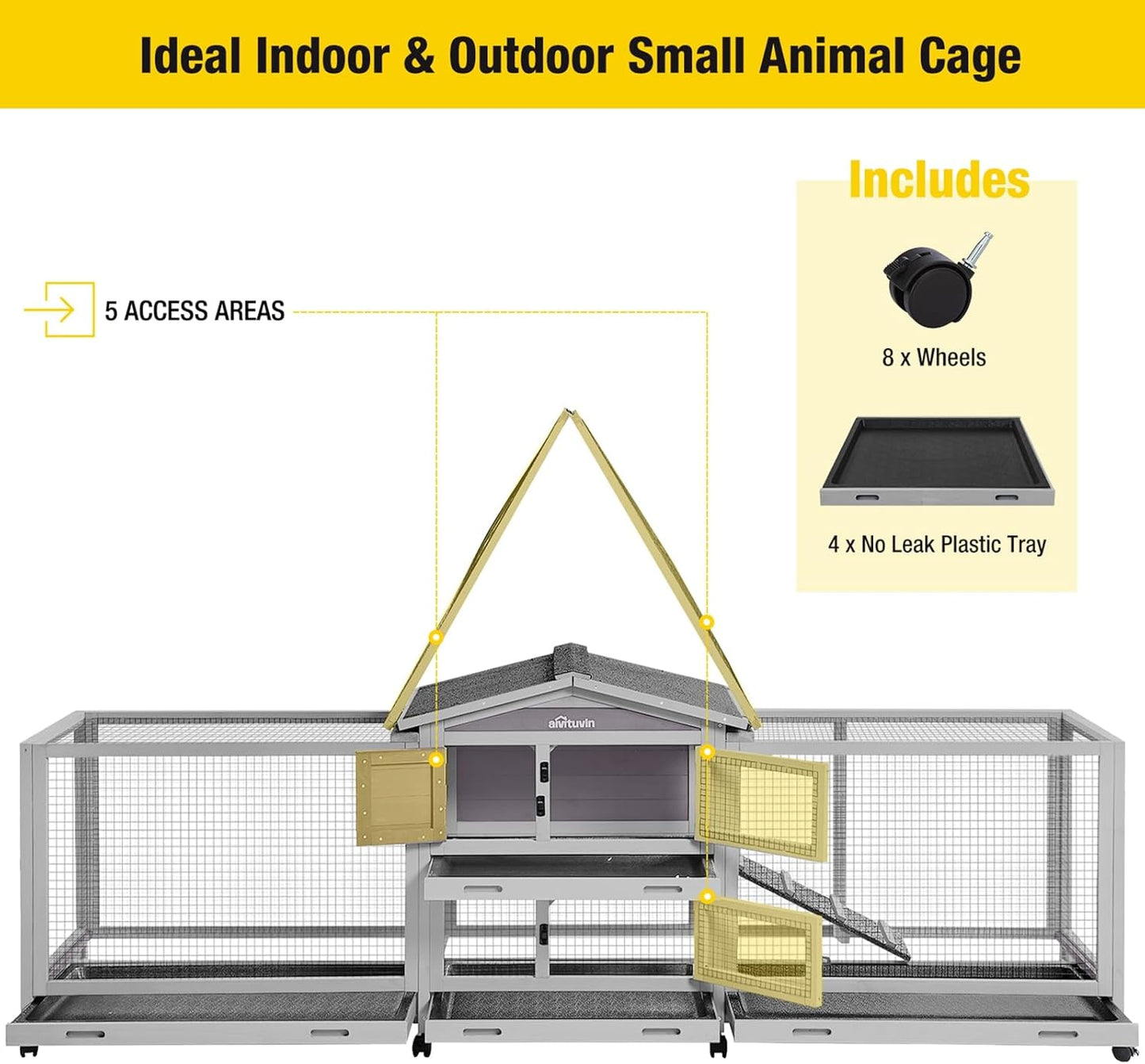 Aivituvin Rabbit Hutch Large 2-Story Bunny Cage Indoor Outdoor on Wheels Bunny House with Run,Pull-Out Tray