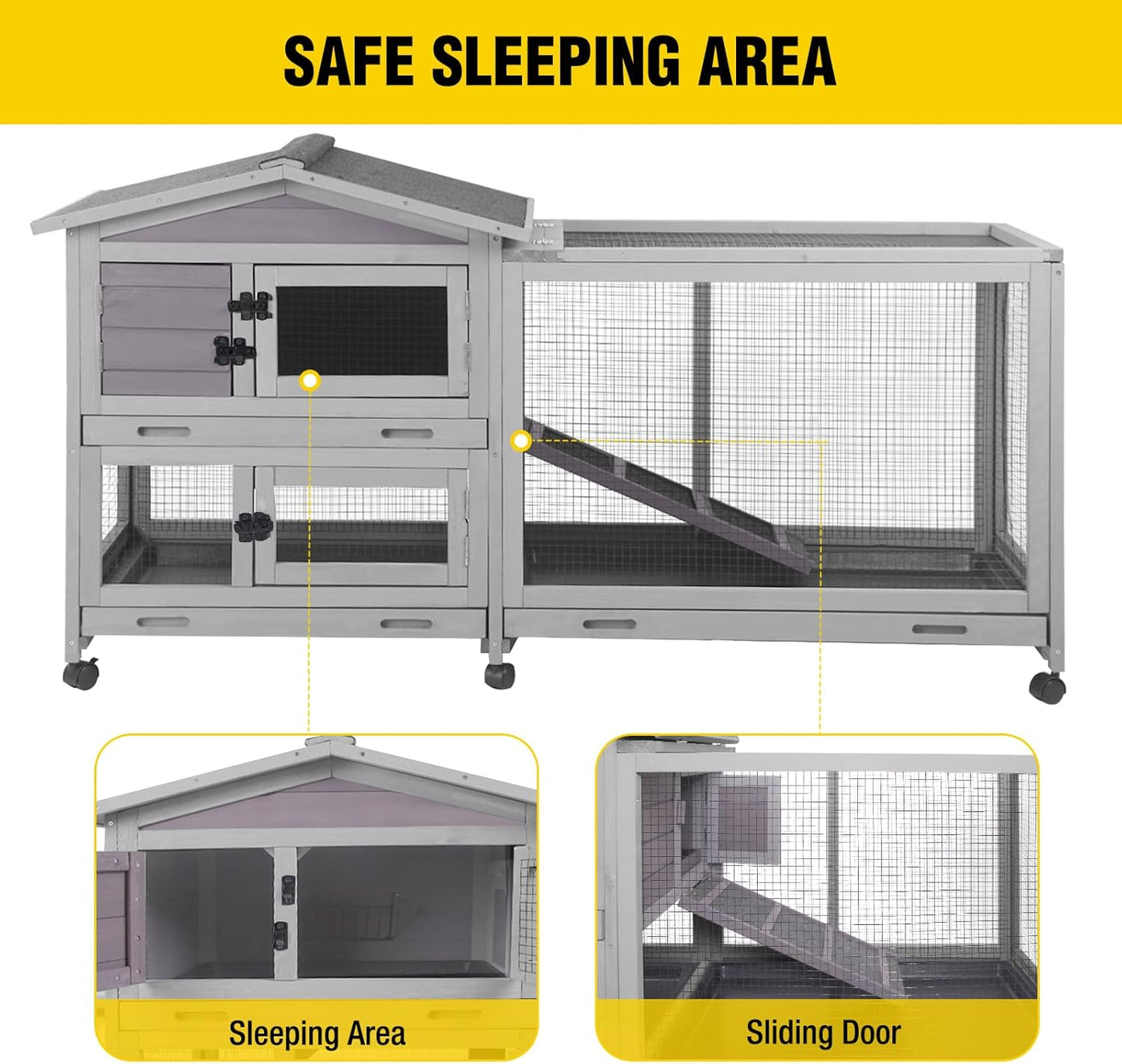 Aivituvin Rabbit Hutch Outdoor Rabbit Cage Indoor with Casters Bunny Cage Chikcen Coop for Small Animals with Pull-Out Tray(Grey)