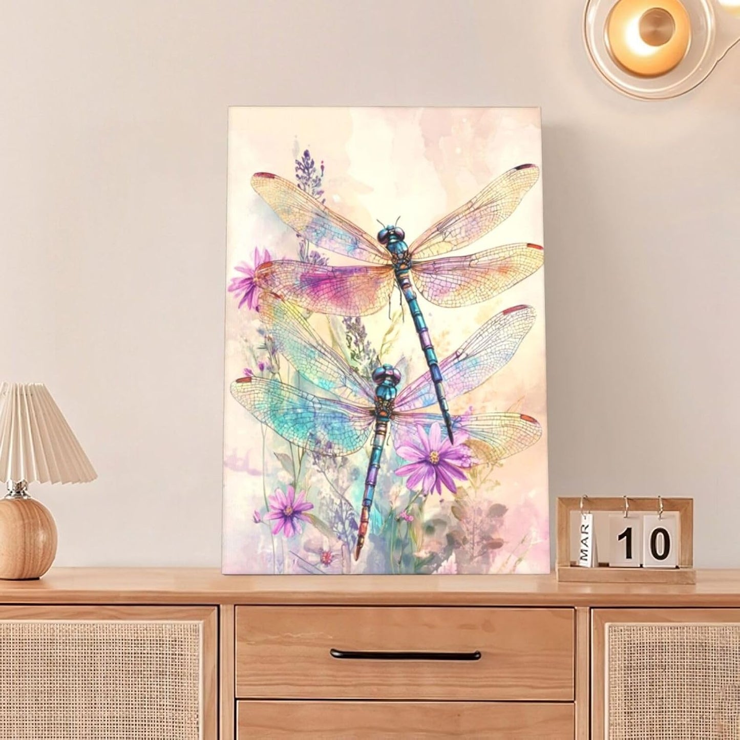 Dragonfly Bathroom Pictures Wall Art, Floral Bathroom Wall Decor, Framed Painting Canvas Artwork for Bedroom Living Room Decorations 24"L x 16"W