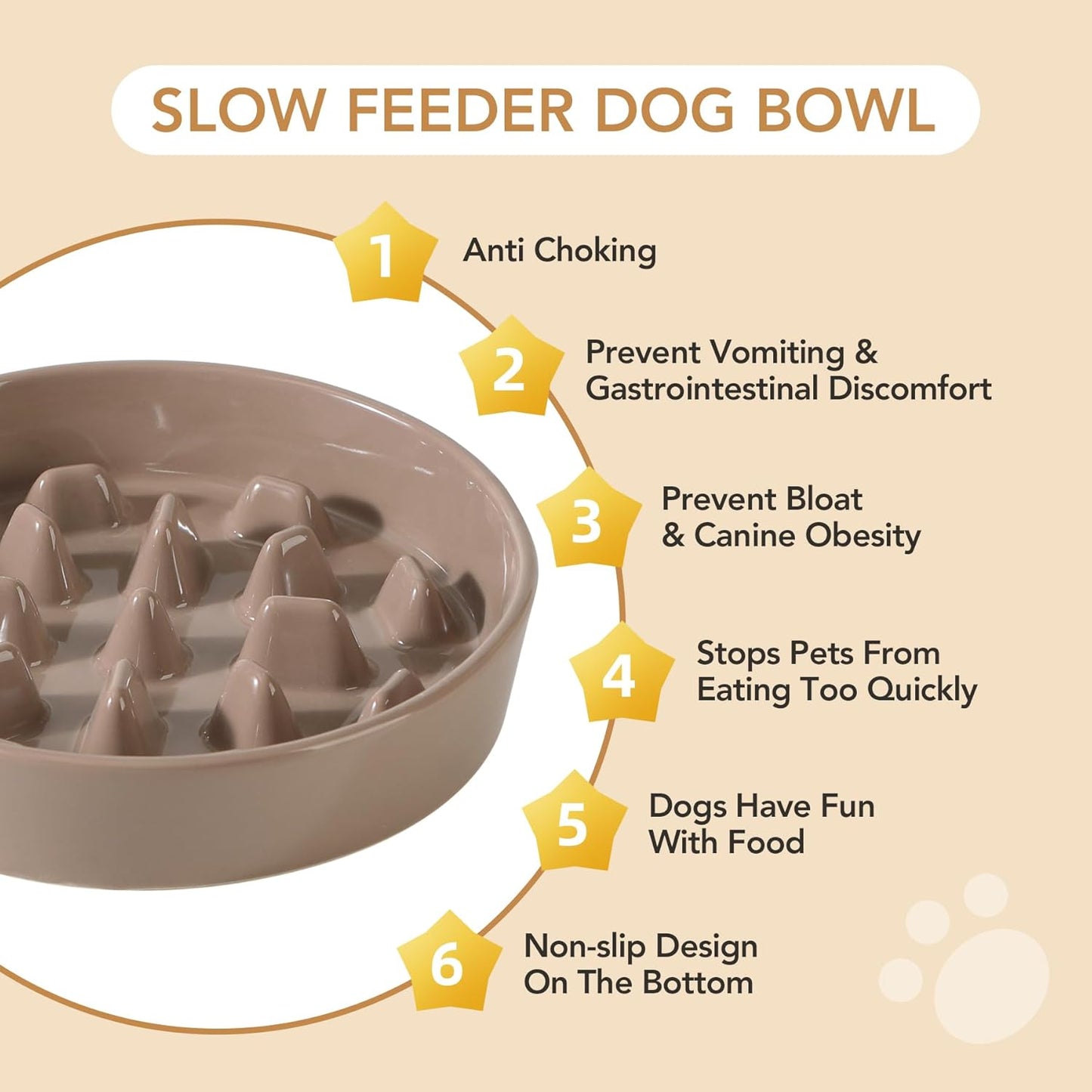 9.5inch Ceramic Dog Raised Slow Feeder Set, Elevated Bowl with Wooden Stand for Large Dog, Slow Feeder Dish for Fast Easters, Anti-Gulping(Brown Coffee, Single Bowl+ Stand)