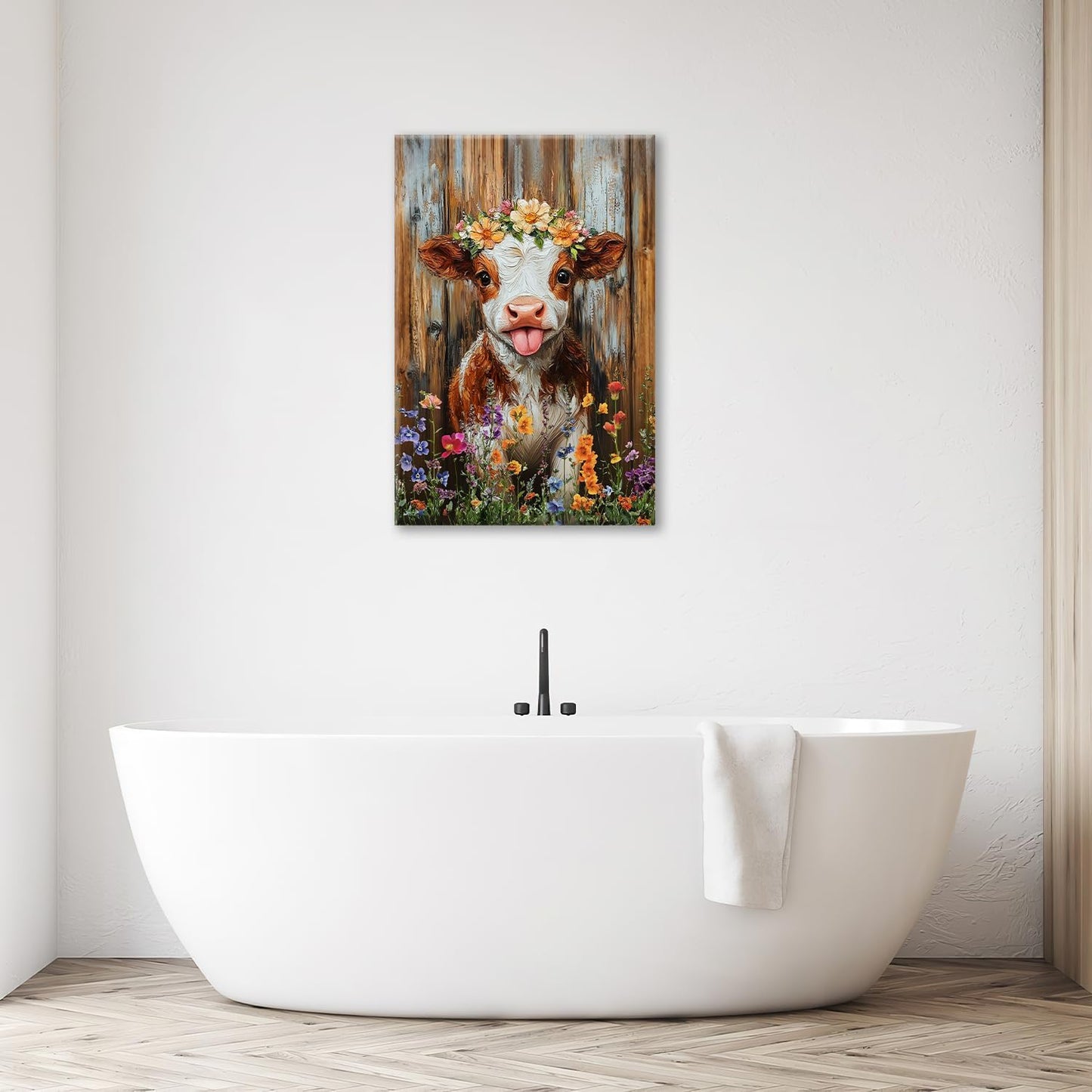 Funny Cow Bathroom Pictures Wall Art, Rustic Brown Cute Cow Bathroom Wall Decor, Farmhouse Floral Framed Painting Animal Flower Canvas Artwork for Bedroom Living Room Decorations 24"L x 16"W