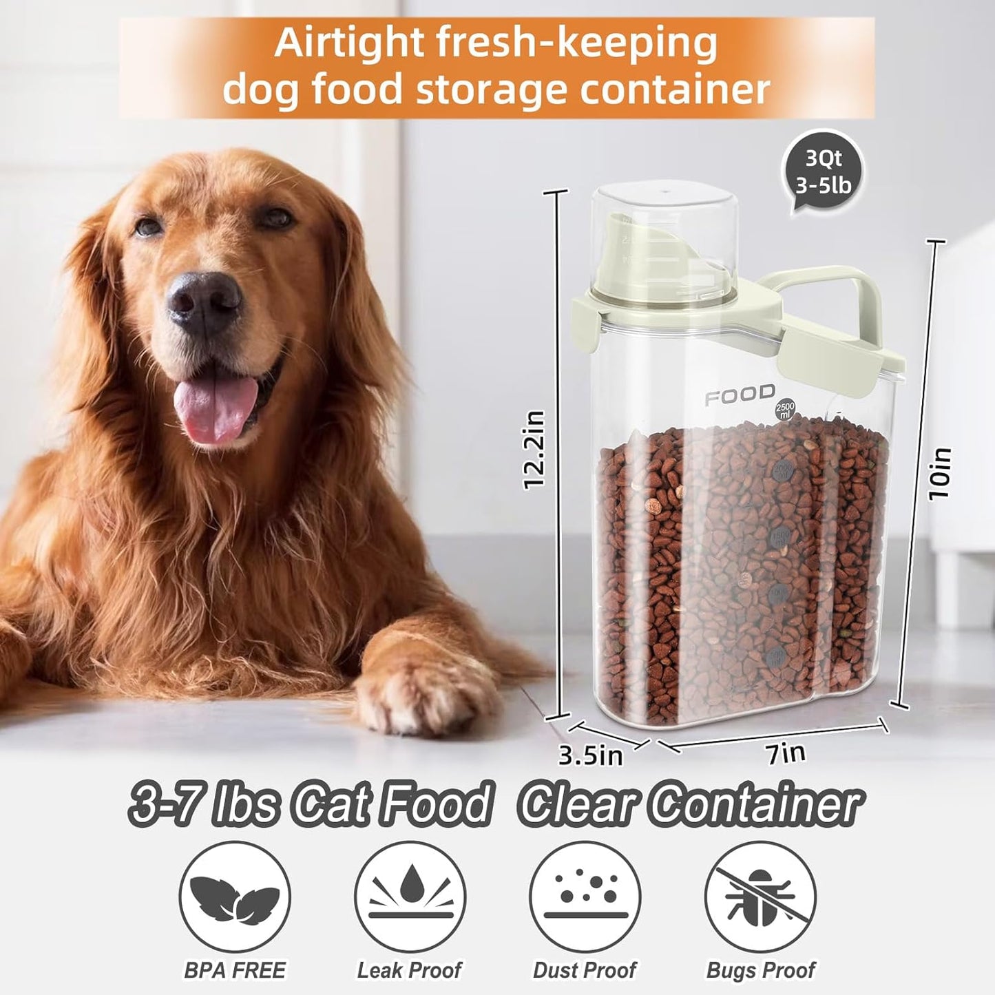 Dog Food Storage Container, Upgraded Large Nozzle BPA-free, 8-12 LBS Plastic Pet Food Storage Containers, With 4 Sealed Clasps, 1 Measuring Cup and Handle (1, A-Beige, 3L)