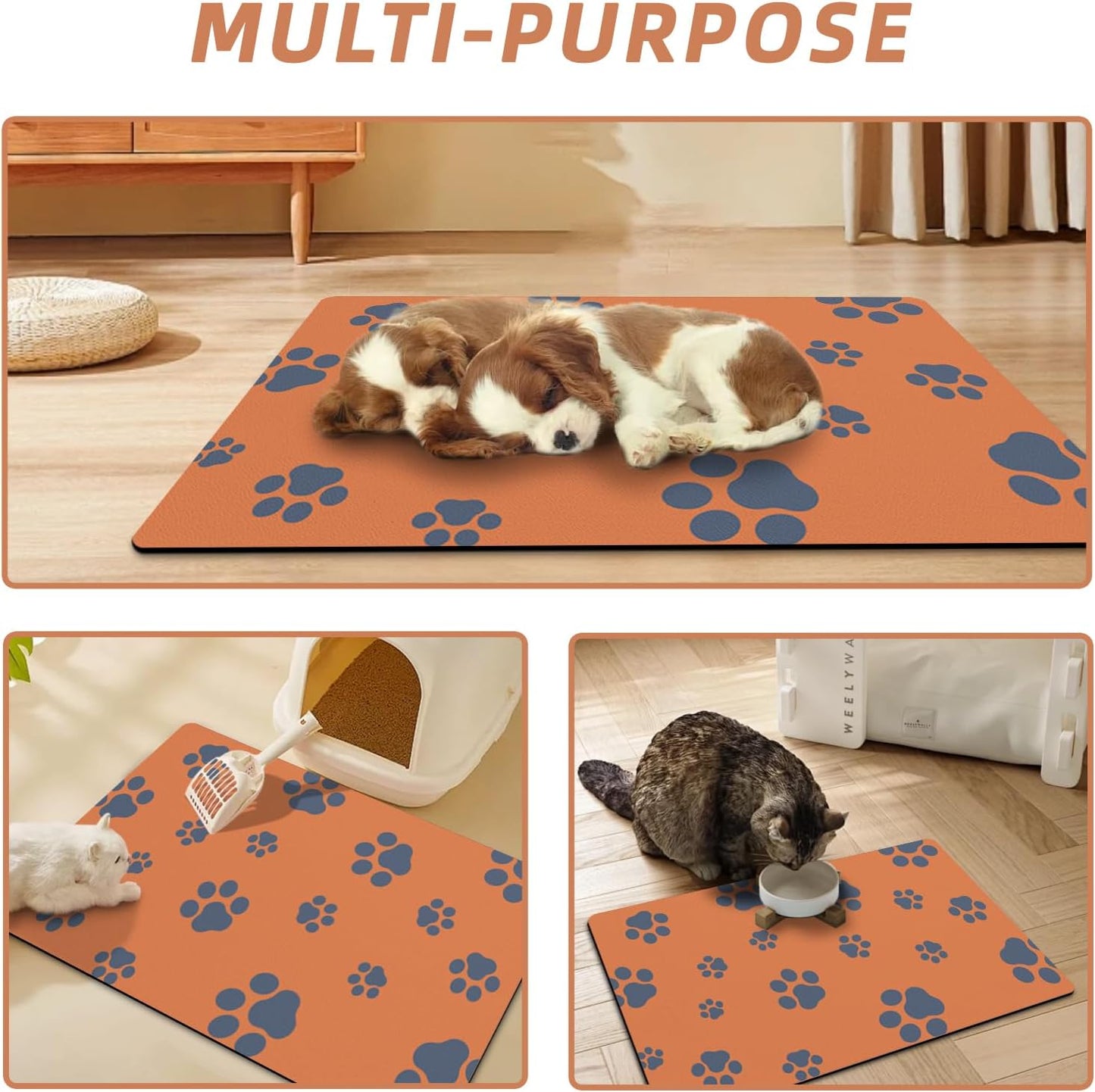 12"×20" Dog Food Mat-Absorbent Dog Mat for Food and Water, No Stains Quick Dry Cat Bowl Mat Non Skid Feeding Mat with Footprints for Messy Drinkers Orange
