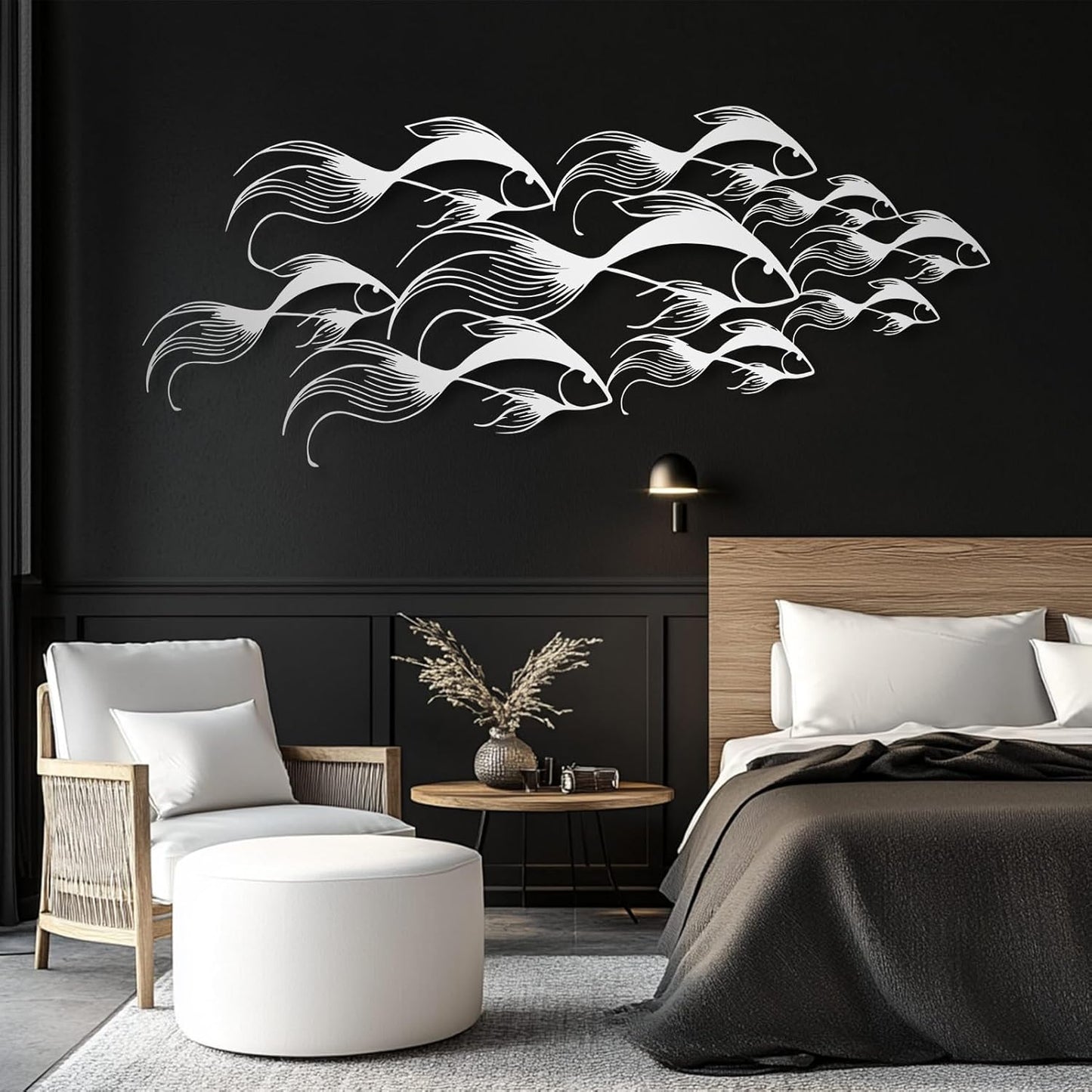 School of Fish Metal Wall Art, Metal Fish Wall Decor, Sea Life Wall Art, Large Nautical Wall Hanging, Modern Beach House Wall Decor, Ocean Themed Artwork for Bathroom (Black, 48"x20" | 121x51cm)