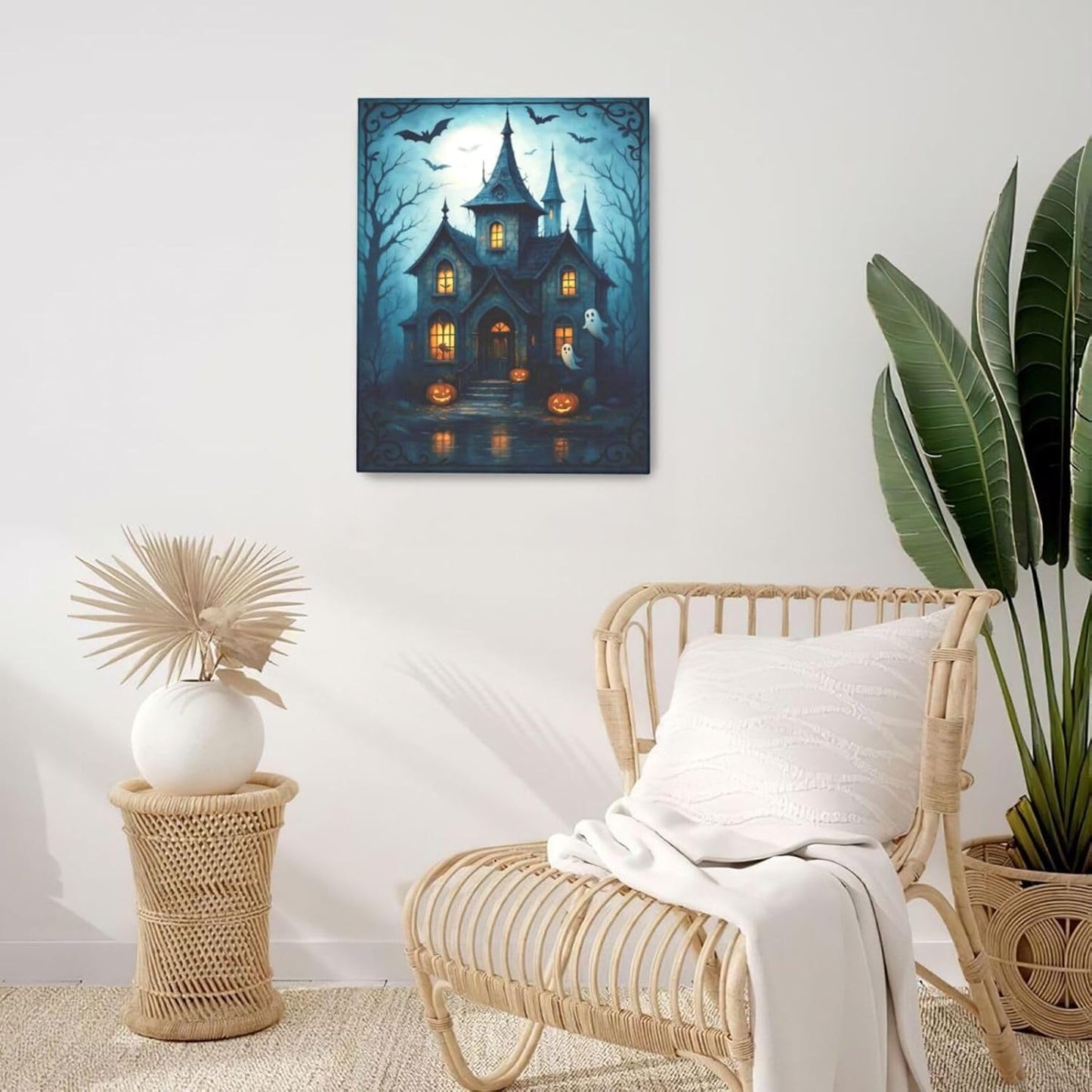 Halloween Gothic Wall Art Castle Pumpkin Ghost Bat Canvas Wall Decor Dark Academia Pictures Painting Print Framed Artwork Decorations Gifts for Halloween Living Room Bedroom Office 16"x20"