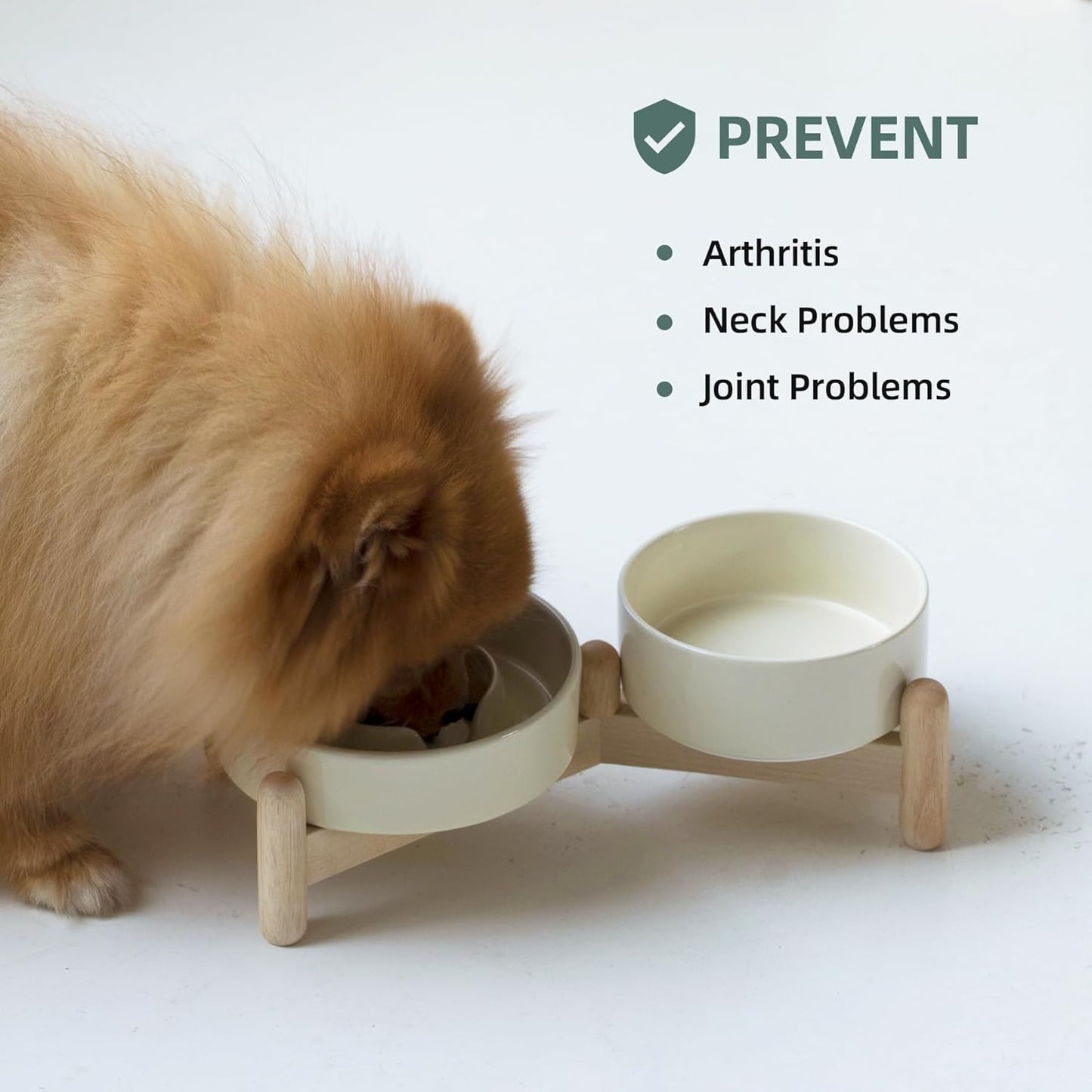 Ceramic Raised Slow Feeder Dog Bowl Set, Elevated 5.1inch Water Bowl and 6.1inch Puzzle Slow Pet Food Dish with Wooden Stand for Small Dog and Cat, Anti-Gulping (2X Beige+ Stand)