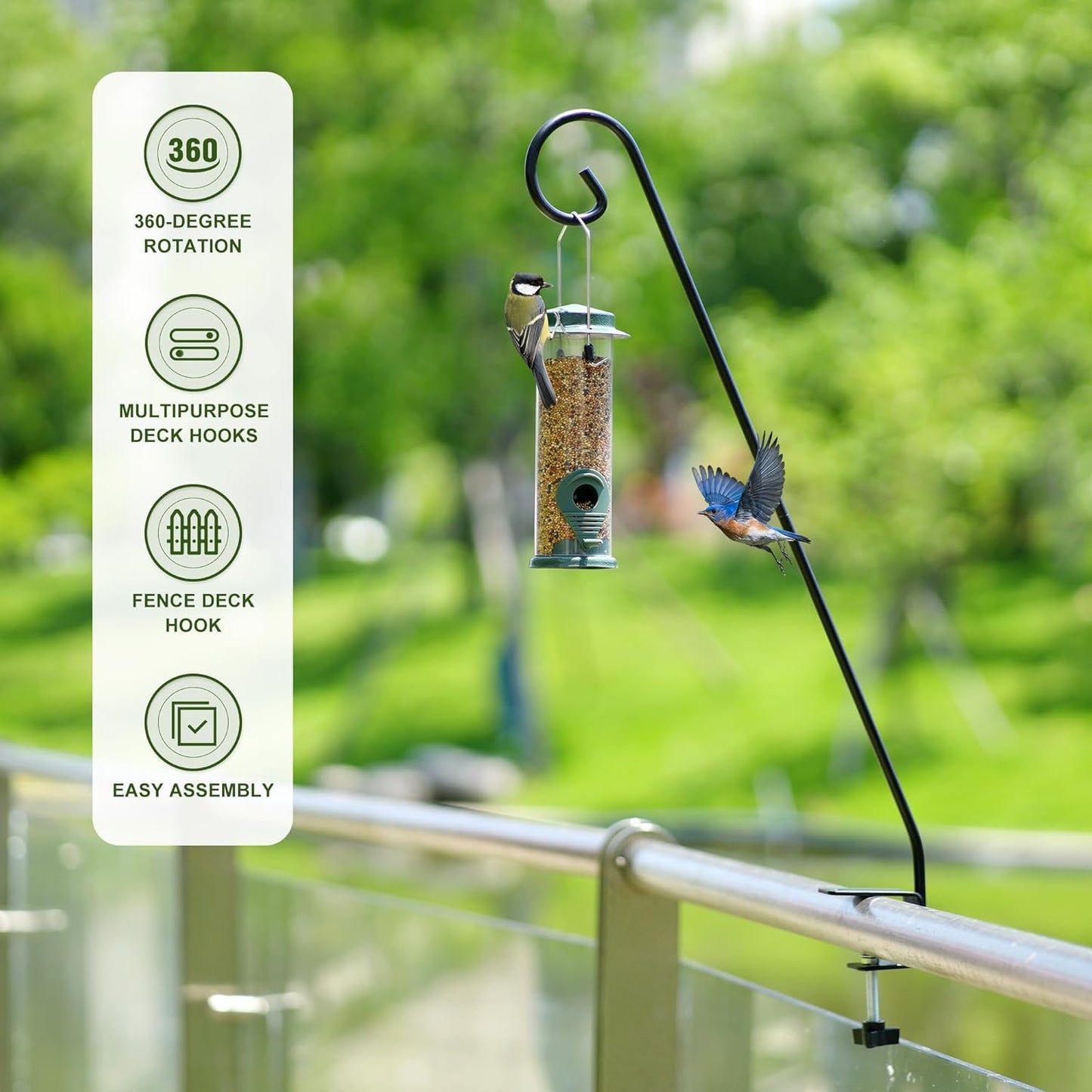 MIXXIDEA 2 Packs Heavy Duty Deck Rail Pole Deck Hook, Extensible and Adjustable Deck Hook for Hanging Bird Feeder, Plants, Suet Baskets,Wind Chimes,Lanterns