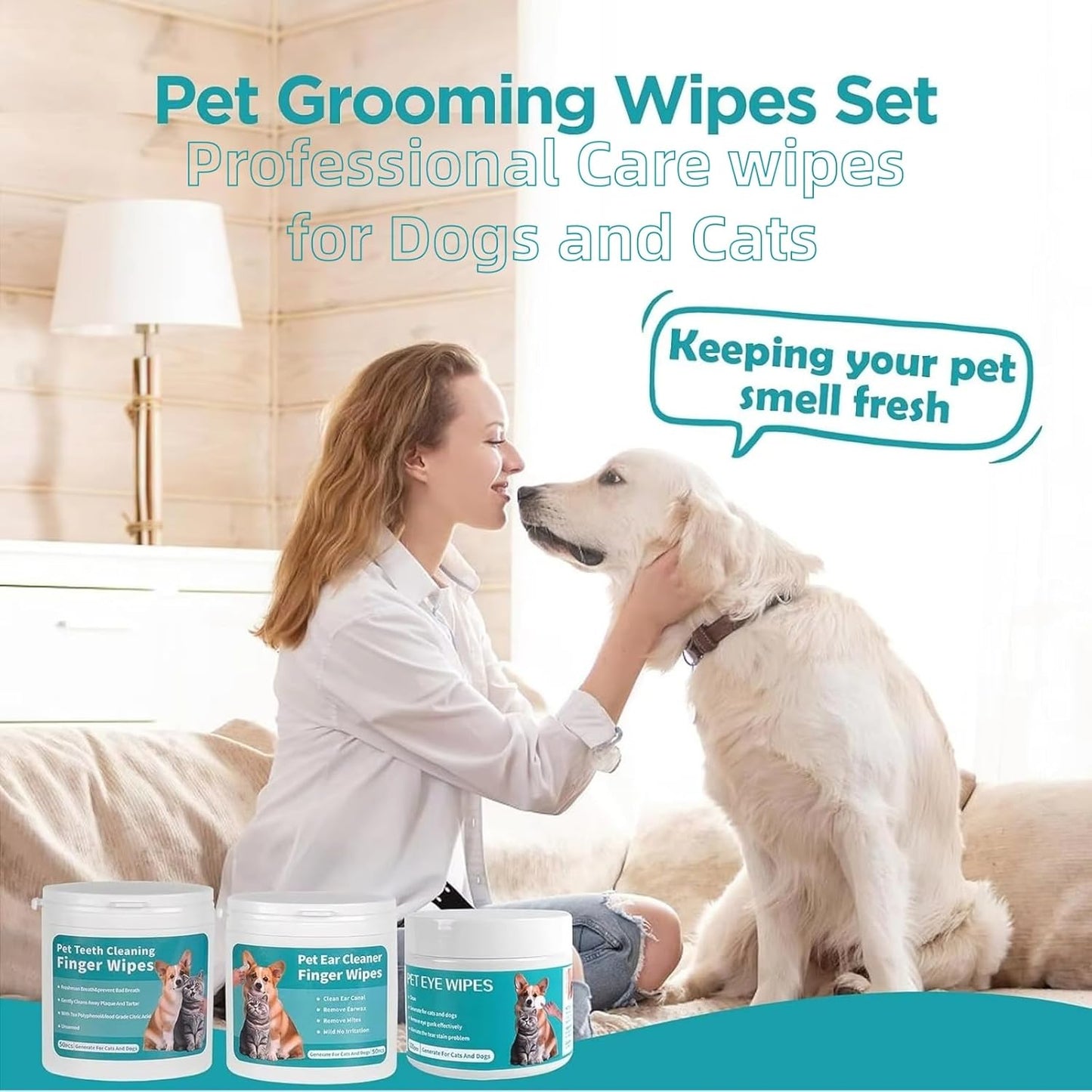 Pet Cleaning Wipes Kit For Dogs&Cats,includes Ear Finger Wipes,Teeth Finger Wipes and Eyes Wipes,Gently Clean Dogs&Cats Ear Wax,Remove Plaque&Tartar Buildup and Reduce Tear Stains,Non-Irritatingogs