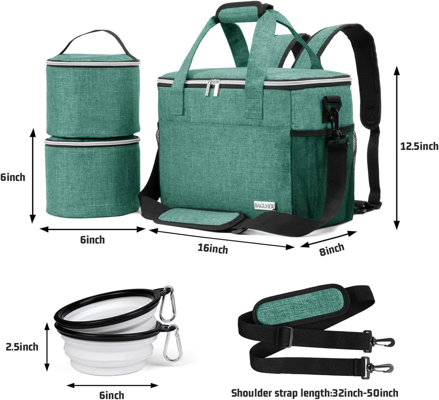 BAGLHER Dog Travel Bag Backpack Pet Supplies Backpack Pet Accessories Storage Bag 5-Piece Set with Shoulder Strap 2 Lined Pet Food Containers 4 Foldable Feeding Bowls Essential Kit for Pet Travel