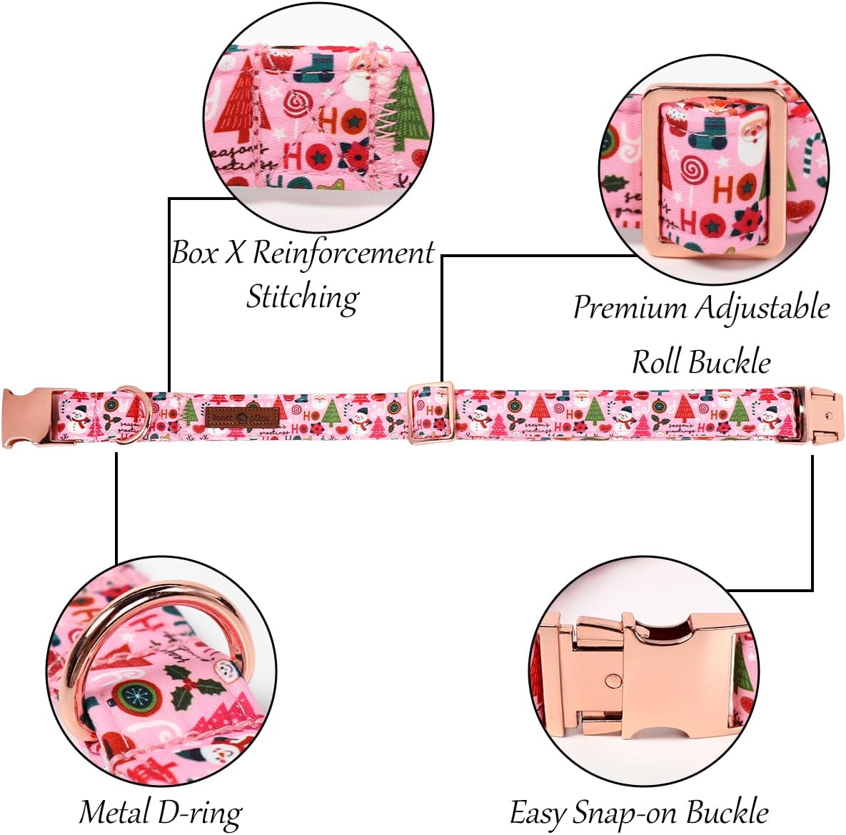 Lionet Paws Christmas Dog Collar with Bow tie,Cute Ho Christmas Tree Snowman Pink Dog Collar Bow Tie for Large Dogs Female, Neck 16-24 inches