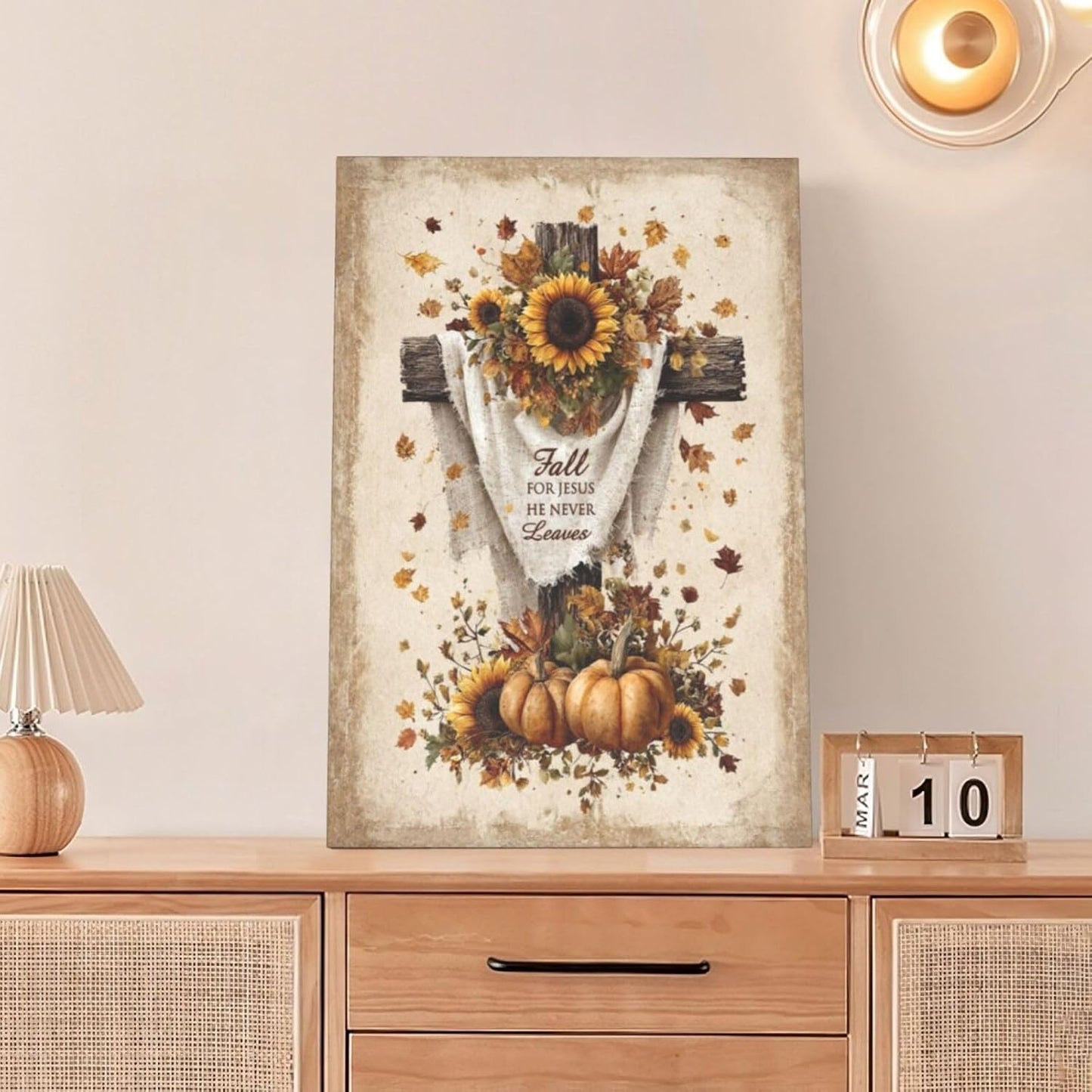 Christian Fall Wall Art Autumn Rustic Cross Sunflower Pumpkin Wall Decor Fall for Jesus He Never Leaves Pictures Painting Print Framed Artwork Decorations Gifts for Living Room Bedroom Prayer Room Office 16"x24"