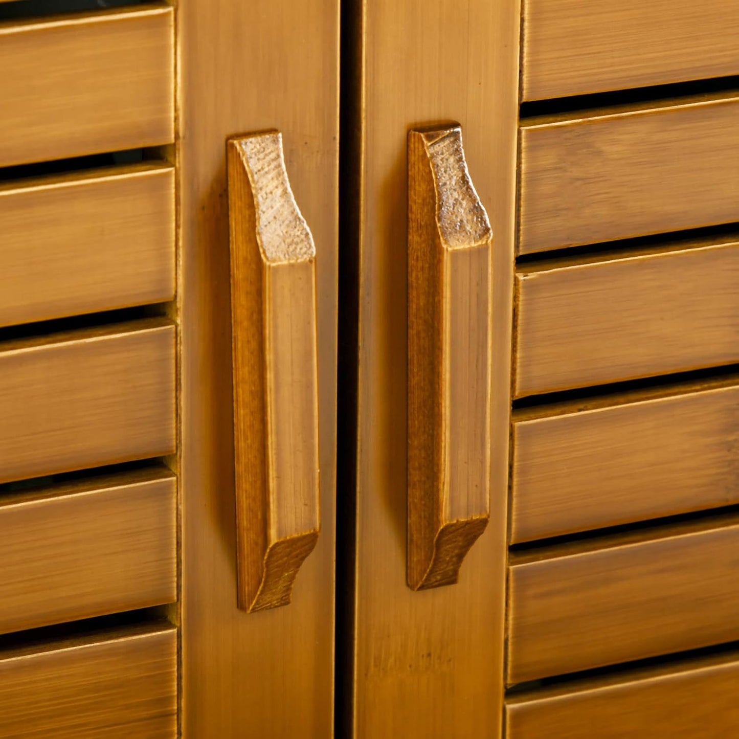 Shoe Bench with Storage Cabinets, Bamboo Entryway Bench with Seating Cushion, 3 Doors and Hidden Compartment for Hallway, Brown