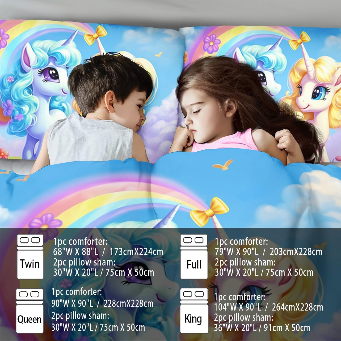 Unicorn Comforter Set Full,Kawaii Unicorn Bedding Set Full Kids,Rainbow Comforter Blue Bedroom Decor,Cute Animal Bedding Rainbow Bed Decor for Girls,Cartoon Blue Floral Quilt