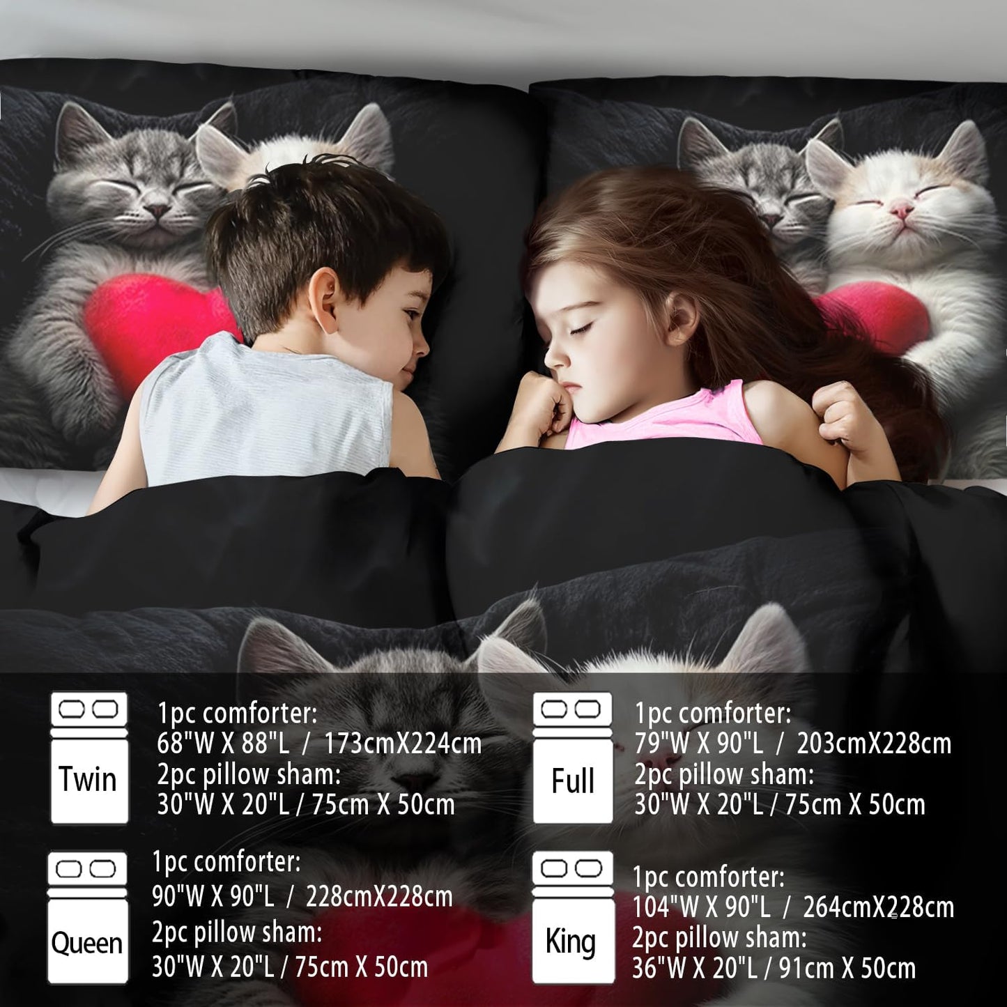 Cute Cat Comforter Set Twin,Kawaii Cat Bedding Set for Girls,Cute Animal Comforter Red Love Heart Bedding Decor,Kawaii Farm Animal Quilt Patterns Kids and Adults