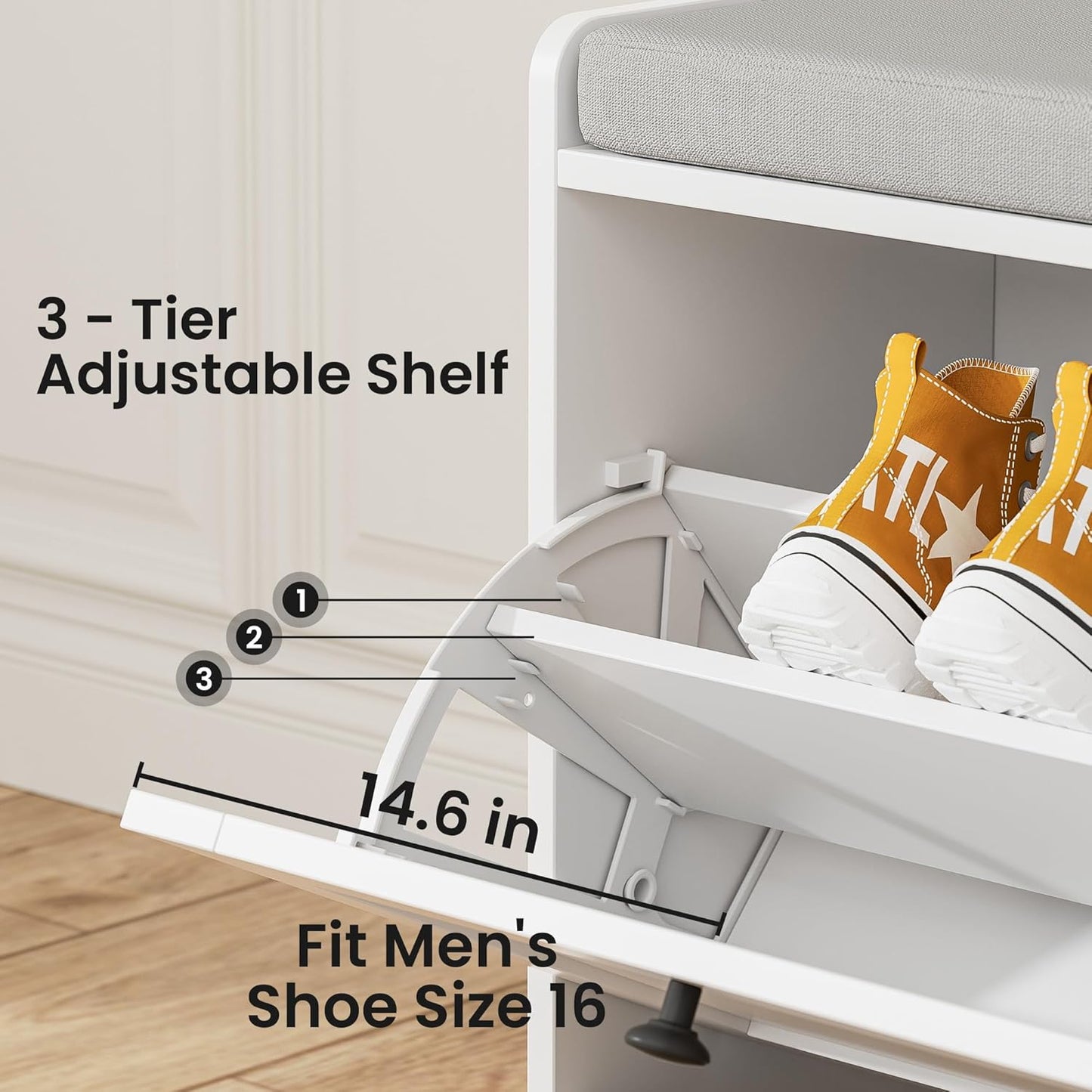 MHOM White Entryway Bench with 2 Flip Drawers, Shoe Bench with Padded Seat Cushion, Wooden Shoe Storage Bench for Entryway and Apartment