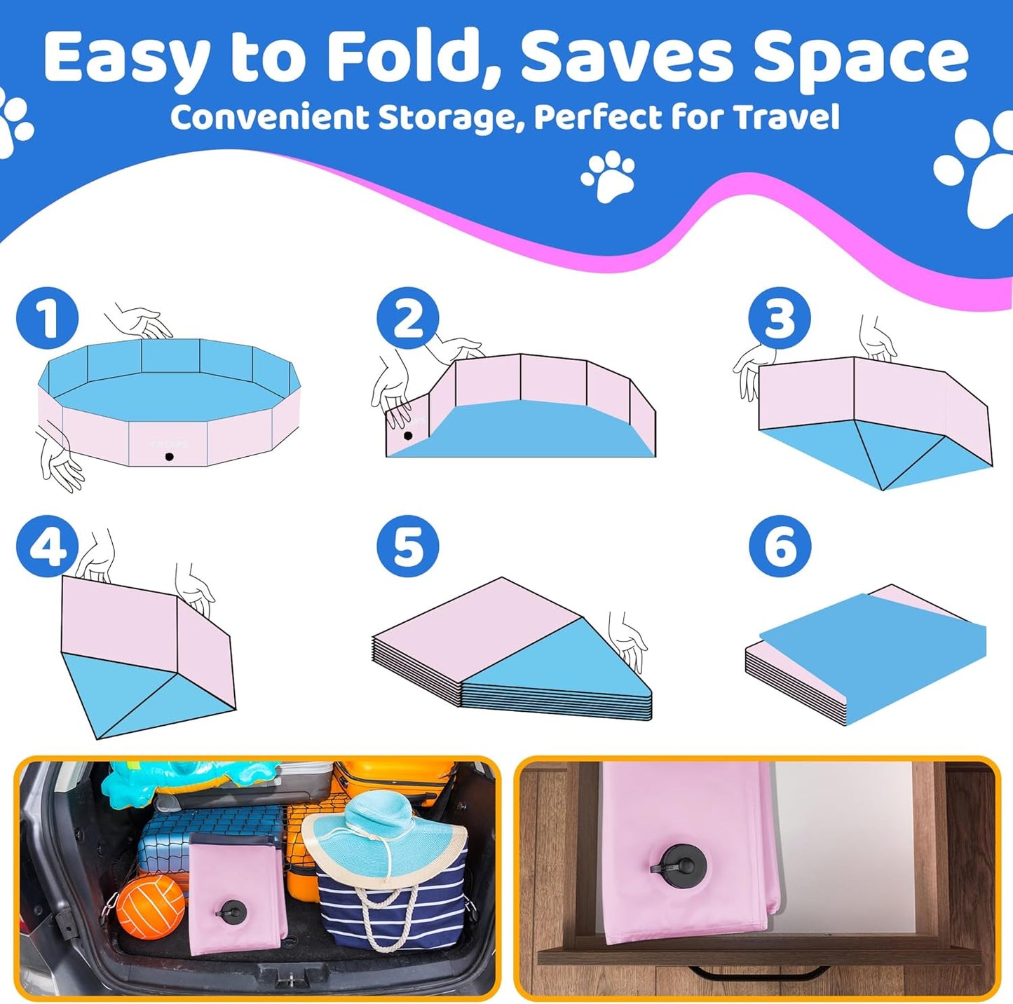 2025 Updated Foldable Dog Pool, 97" x 12" Kiddie Pool with Hard Plastic, Non-Slip Dog Bath Tub for Outdoor Backyard, Collapsible Dog Swimming Pool for Kids Dogs Pets (Pink)
