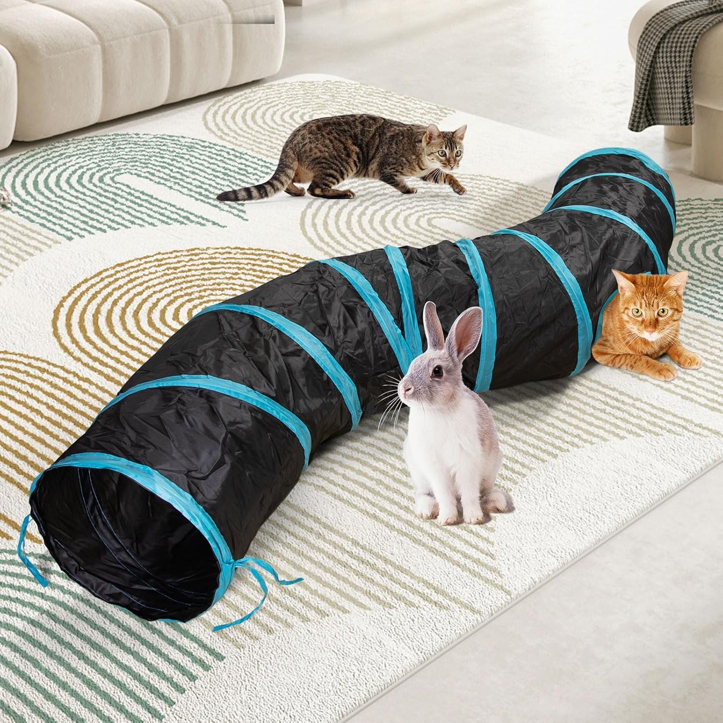 Cat Tunnel, S-2-Way Cat Tunnels for Indoor Cats, Interactive Toy Maze Cat House, Foldable Cat Tubes and Tunnels for Cats Kittens, Puppies, Kitty, Kitten, Rabbit, Guinea Pigs (Blue & Black)