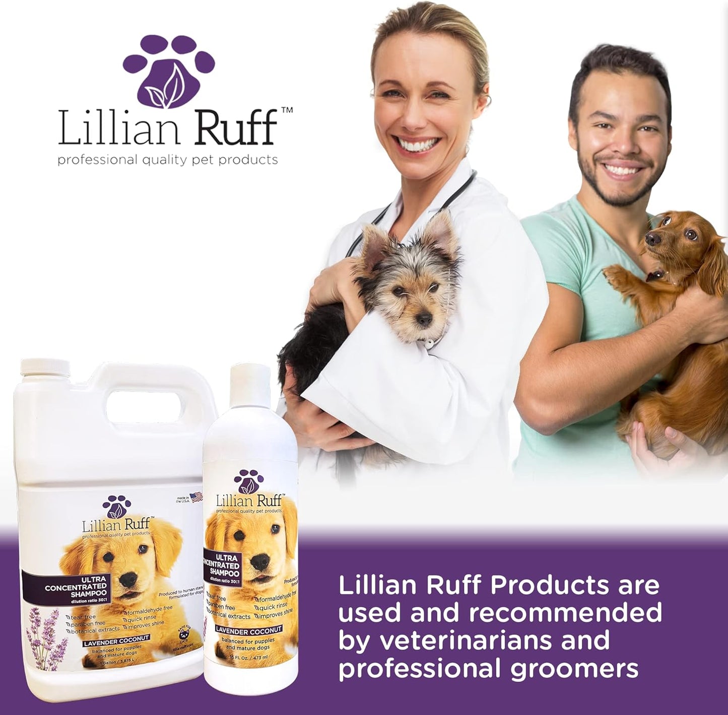Lillian Ruff High Concentrate Professional Grooming Shampoo for Dogs with Hydrating Essential Oils – 30:1 Concentration for Bathing System - Clean, Condition, & Deodorize Dry Sensitive Skin (Gallon)