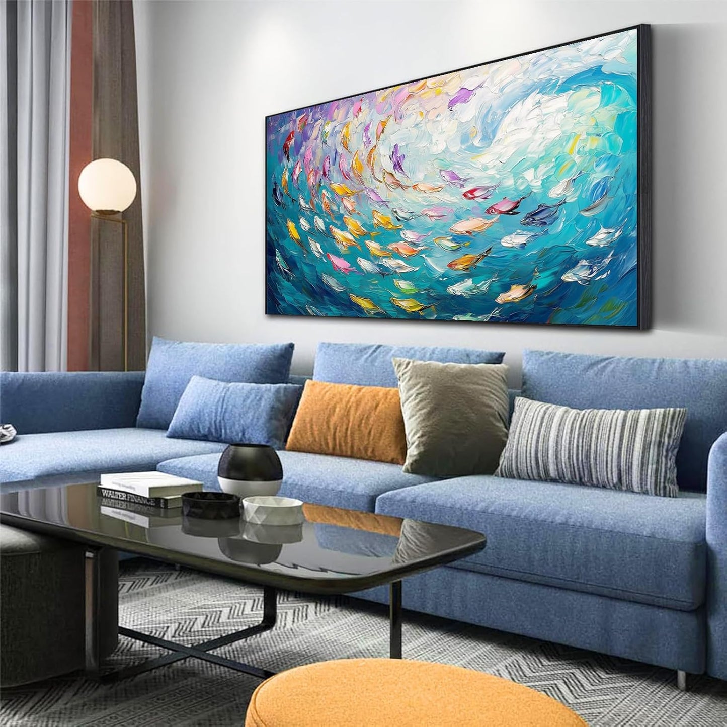 Fish Canvas Wall Art, Abstract School of Fish Canvas Wall Art, School of Fish Painting Canvas, School of Fish Wall Art, Fish Wall Decor, Fish Pictures Wall Decor, Bedroom Canvas Wall Decor (Gold Framed, 59"x33" | 150x84cm)
