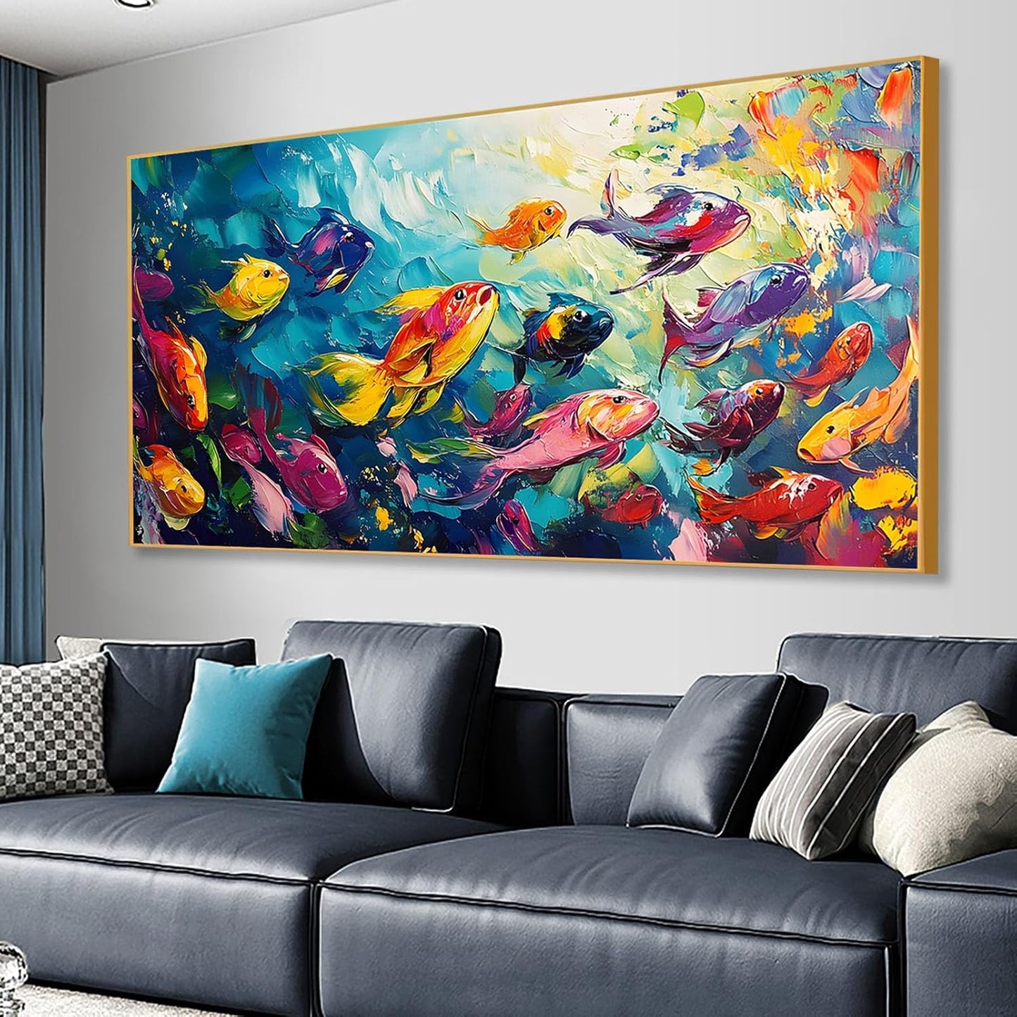 School of Fish Printed Canvas Wall Art – Framed Abstract Ocean Print – Vibrant Fish Wall Decor for Living Room, Bedroom, Office (Black Framed, 47"x23"|120x60cm)