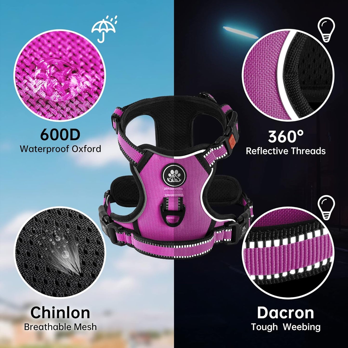 NESTROAD No Pull Dog Harness,Adjustable Oxford Dog Vest Harness with Leash,Reflective No-Choke Pet Harness with Easy Control Soft Handle for Large Dogs(X-Large,Fuchsia Pink)