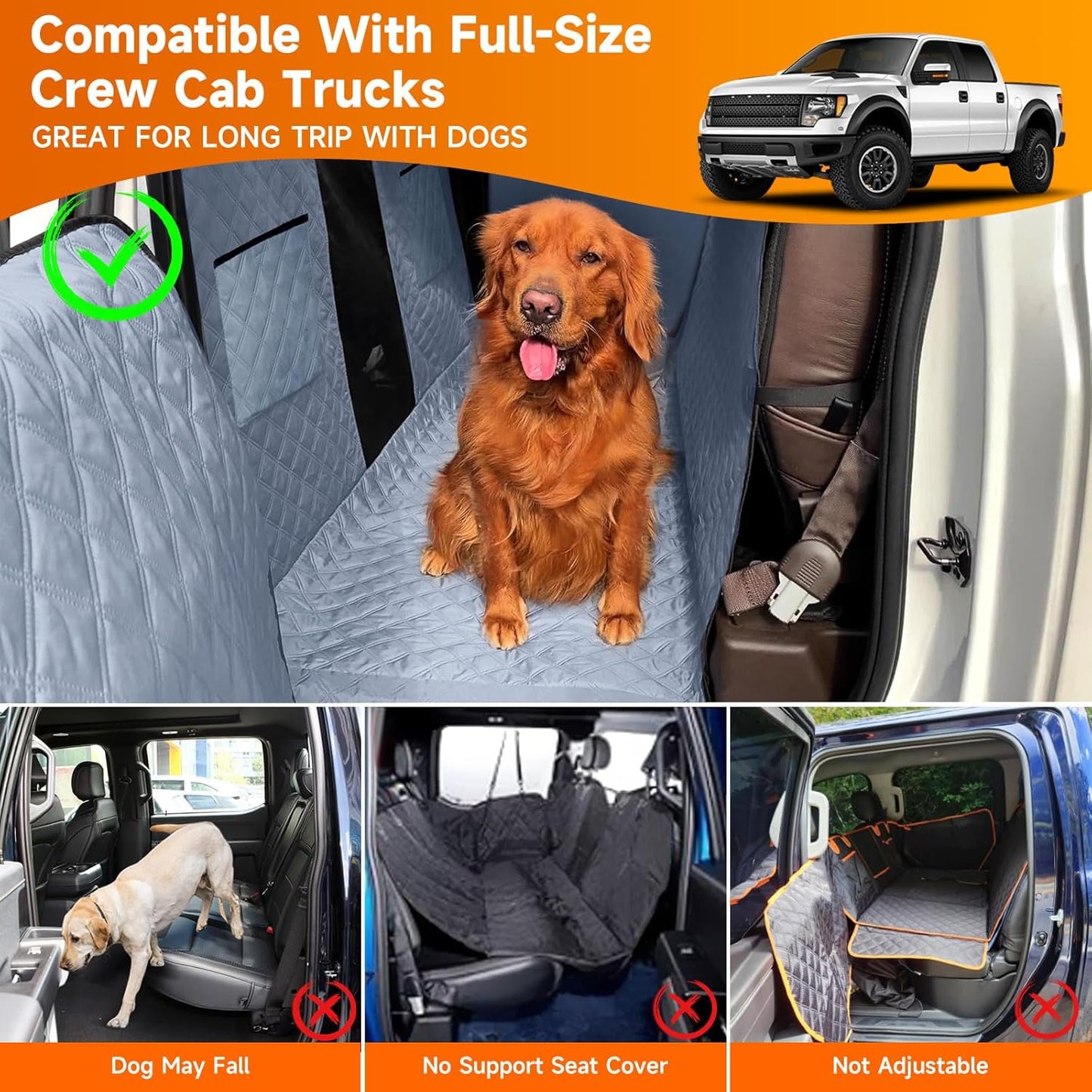 XL Dog Truck Seat Cover with Car Door Protector - Waterproof Full Coverage Back Seat Cover for Trucks with Flip-Up Rear Seats, Fits Full-Size Crew Cab Models Like F150 & F250