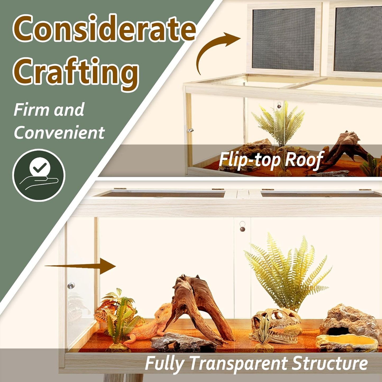 Prolee Tempered Glass Reptile Enclosure with Leg,48“ Scratch-Proof Bearded Dragon Tank,79 Gallon Lizard Tank with Metal Mesh Tops and Lockable Door,Spacious Reptile Habitat for Snake,Lizard (Oak)