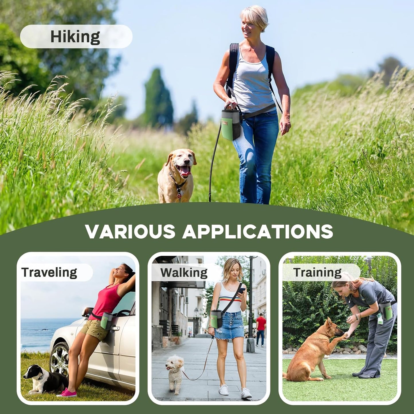 Upgraded large-sized Dog Treat Pouch with waist clip - Fashionable Green&Grey Design - Large Capacity Dog Treat Bag for Dog Walks,Outdoor Activities, Travel and Training - Includes 1 Poop Bags