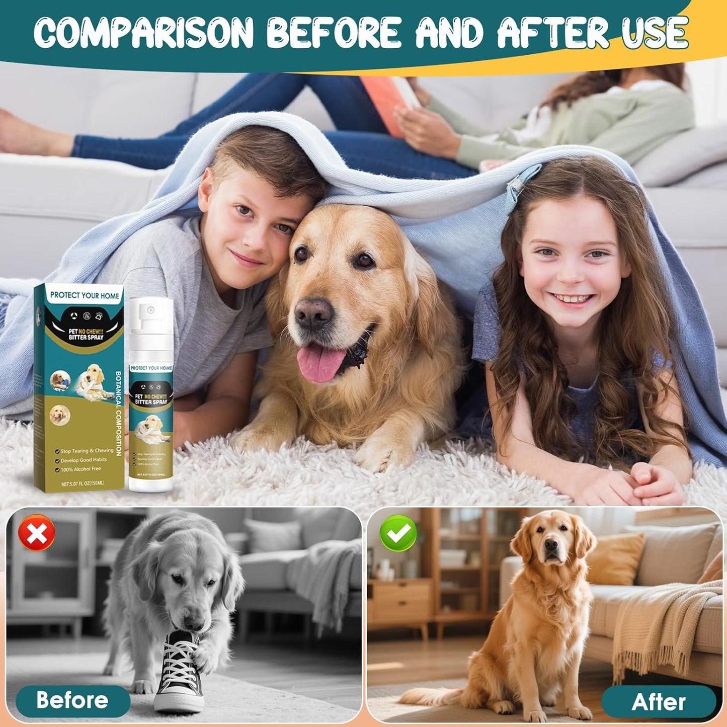 TEFELE 150ML No Chew Spray for Dogs Bitter Apple Spray Deter Dogs from Chewing Keep Furniture and belongings Safe from Licking and Chewing Helps Prevent Repeated Marking by Pets