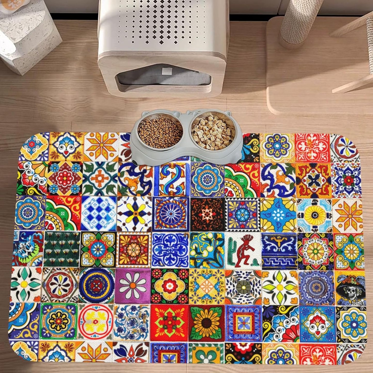 Bohemian Chic Floral Dog Food Mat Absorbent Bowl Mats No Stains Quick Dry Waterproof Pet Cat Placemats for Food and Water, 30x45cm