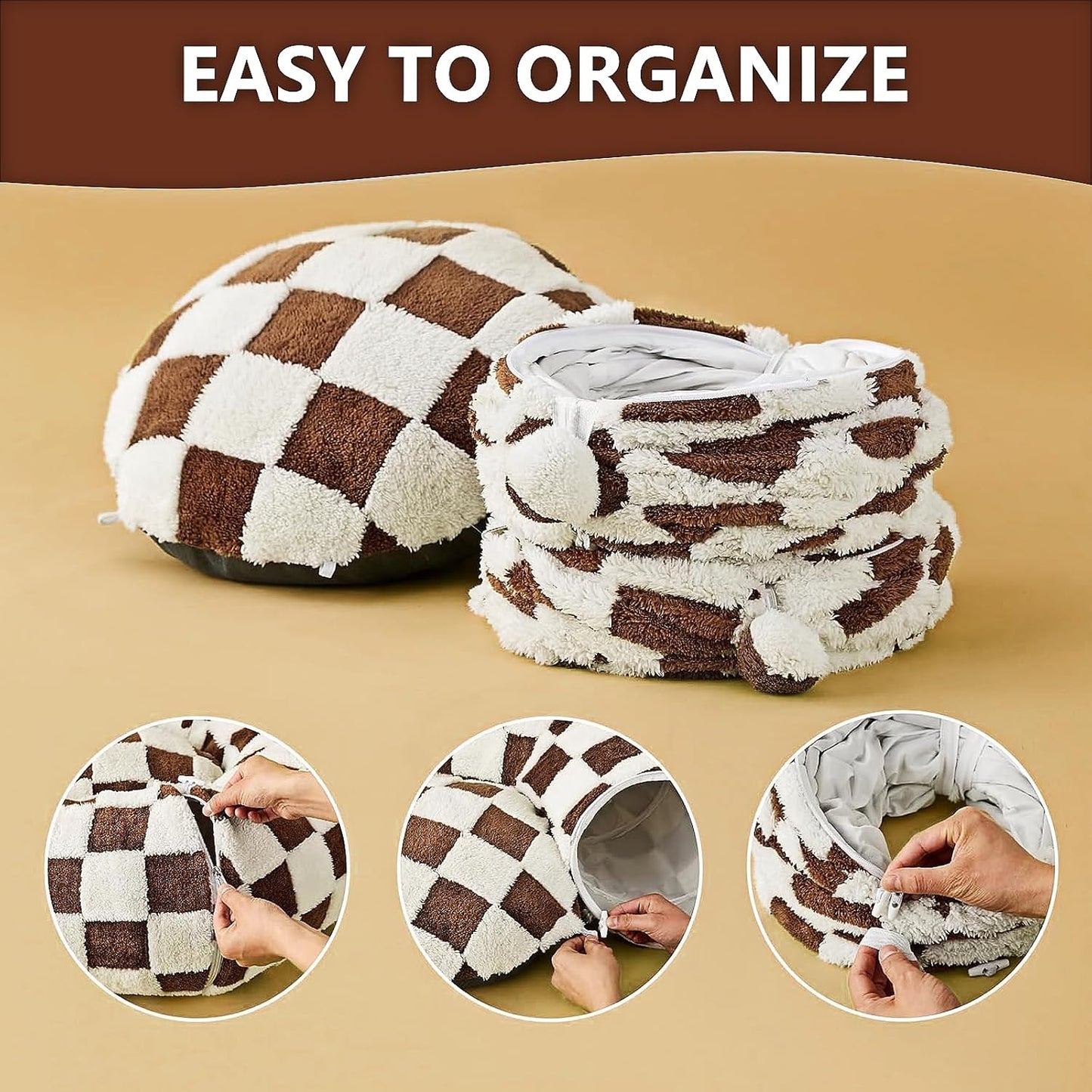 Cat Tunnel Bed with Washable Cushion for Indoor Cat, Donut Cave Tube Toys for Kitten Puppy Rabbit, Brown