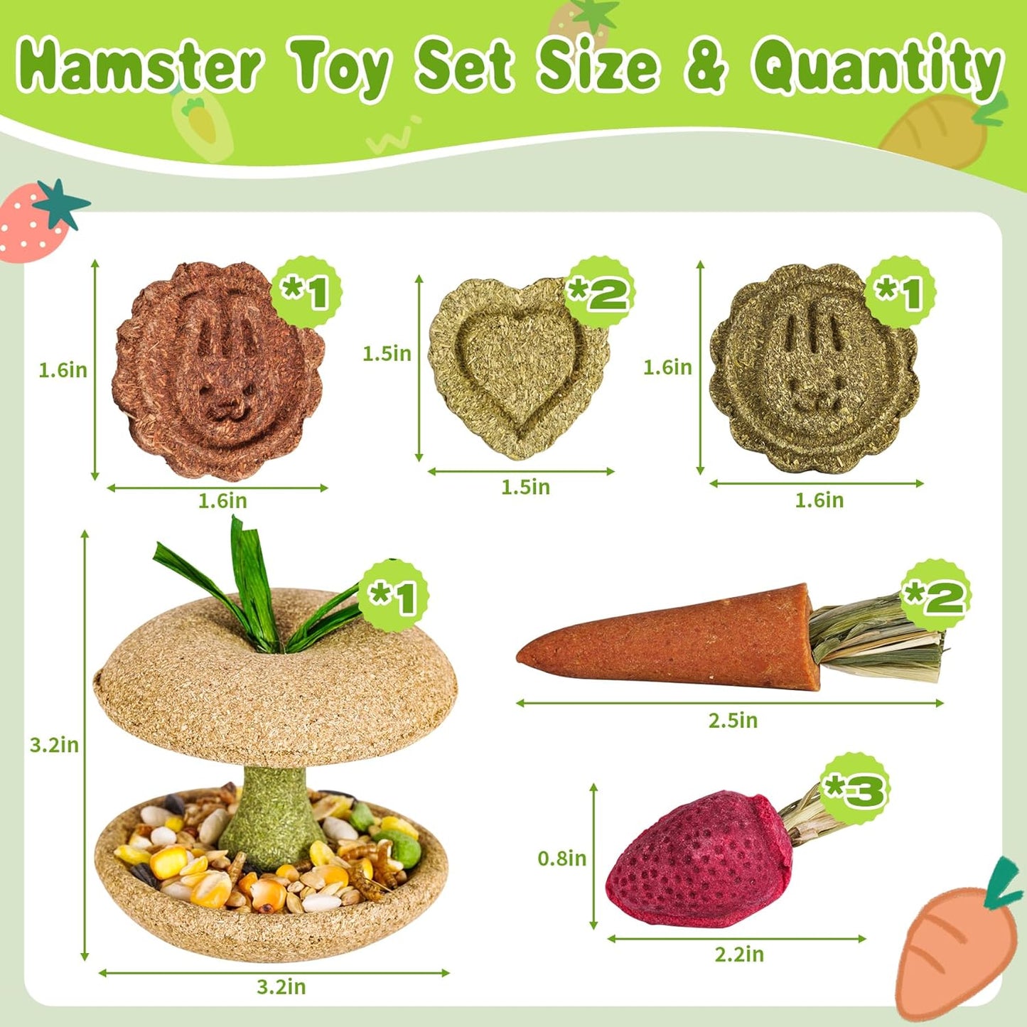 10 PCS Guinea Pig Chew Toys for Teeth, Rabbit Chew Toys Contain Natural Timothy Apple Core, Grass Cake, Carrot and Strawberry;Hamster toys for Bunny Chinchilla Gerbil Dental Care & Treat Teething