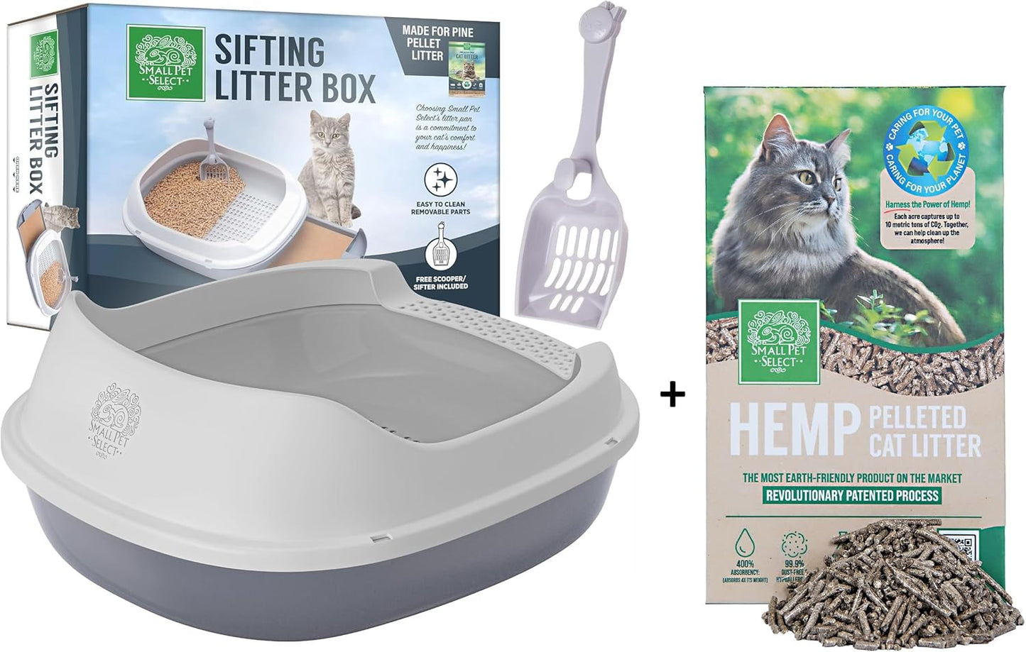 Small Pet Select- Sifting Cat Litter Box and 8lb Hemp Pellets Combo, with 5 Free Pee Pads and Free Litter Scoop, Premium System for Cats, Tidy and Easy to Clean