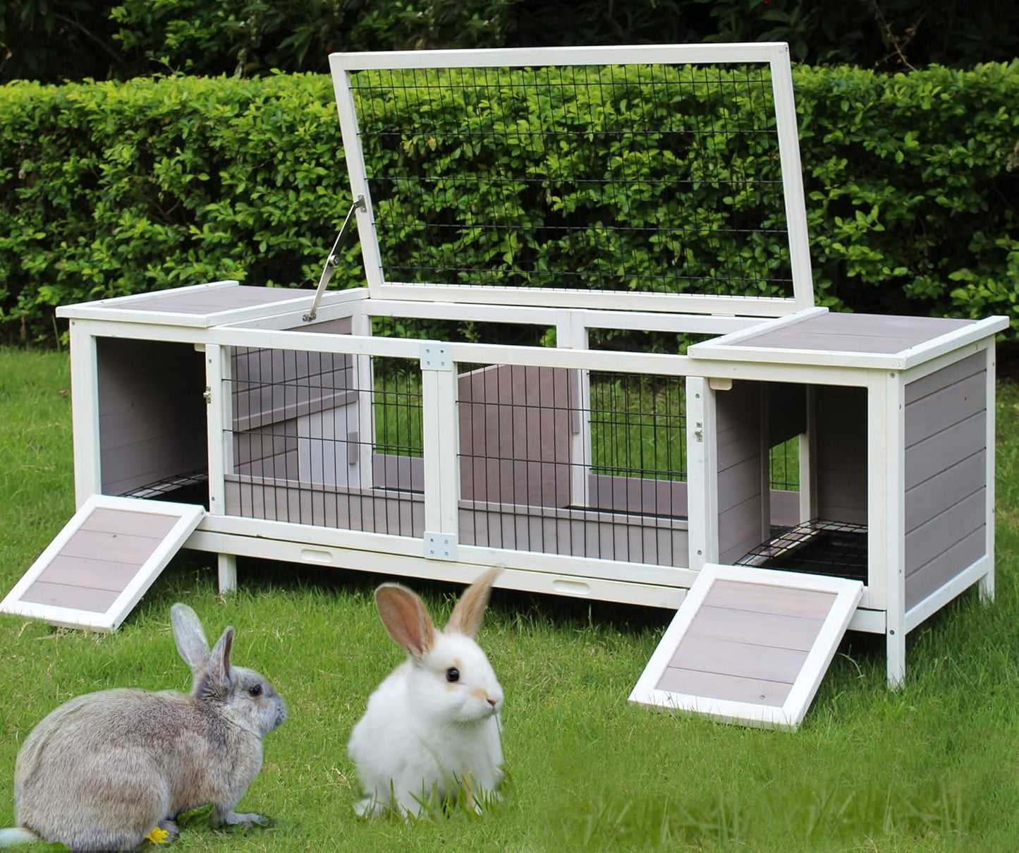 Rabbit Hutch Indoor Leakproof Bunny Cage Fir WoodenOutdoor Bunny House with Wire Floor Leakproof Plastic Tray (Grey)