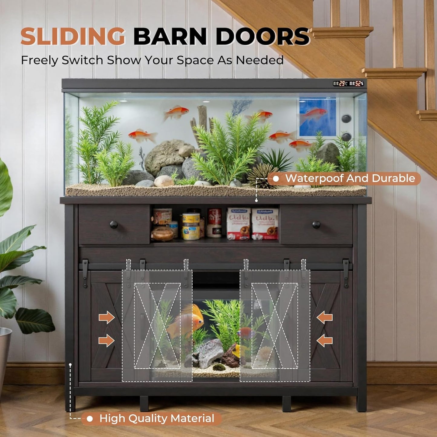 Miereirl 55-75 Gallon Fish Tank Stand with Power Outlet – Heavy Duty Aquarium Stand, Rustic Farmhouse Style, 800 lb Capacity, Adjustable Storage & Sliding Barn Doors, Dark Brown